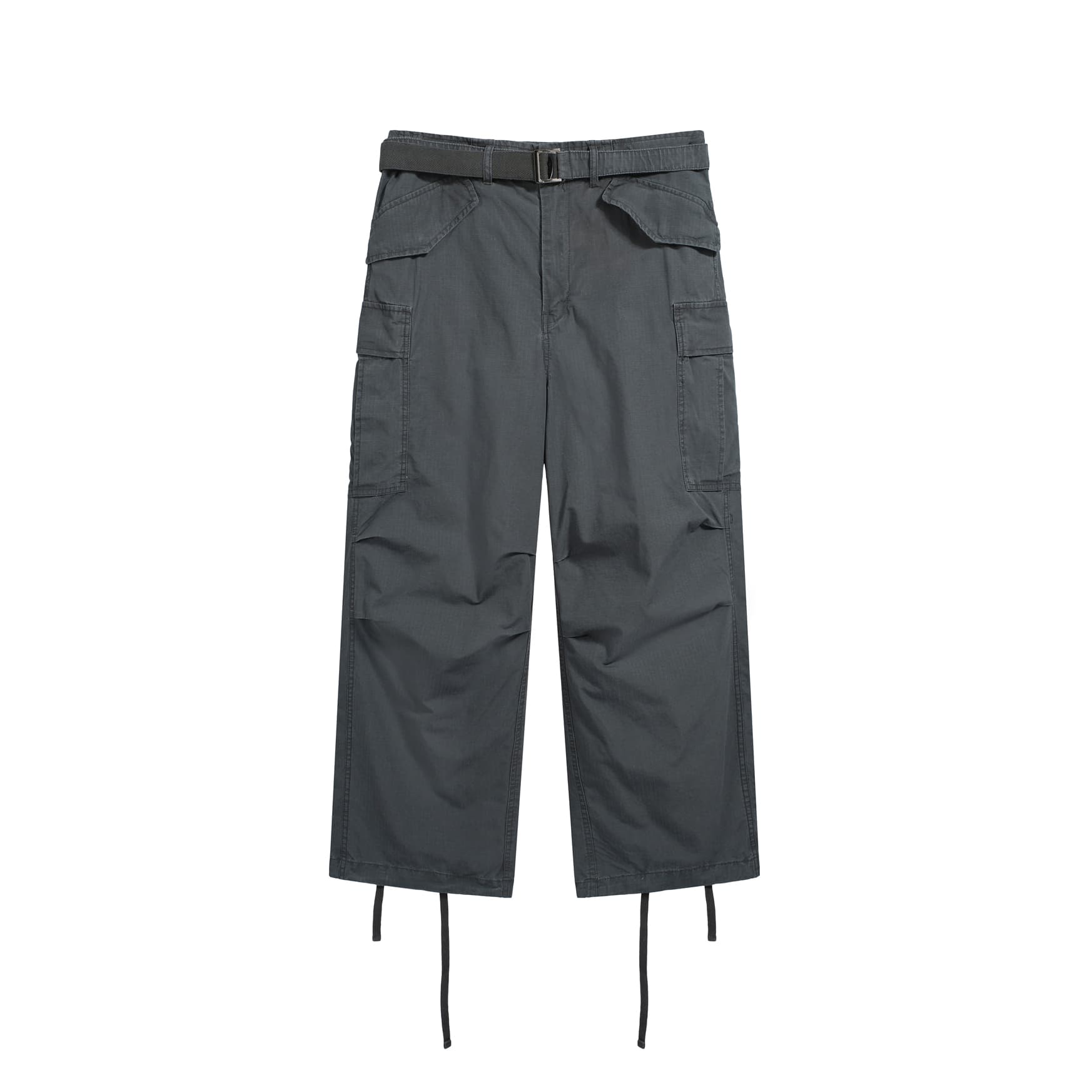 3D Wide-Leg Grey Military Cargo Trousers with Belt