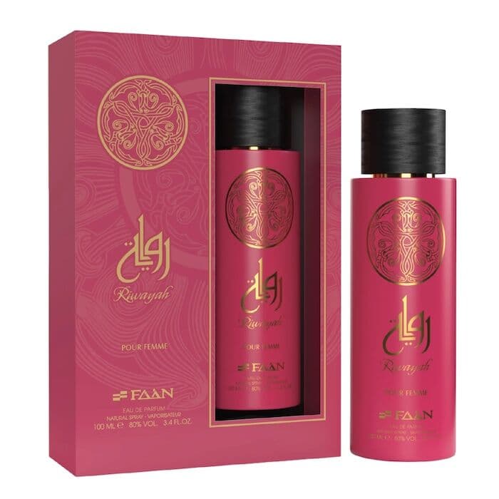 Faan Riwayah Eau de Parfum, pink perfume bottle with gold design, women's fragrance, floral oriental scent