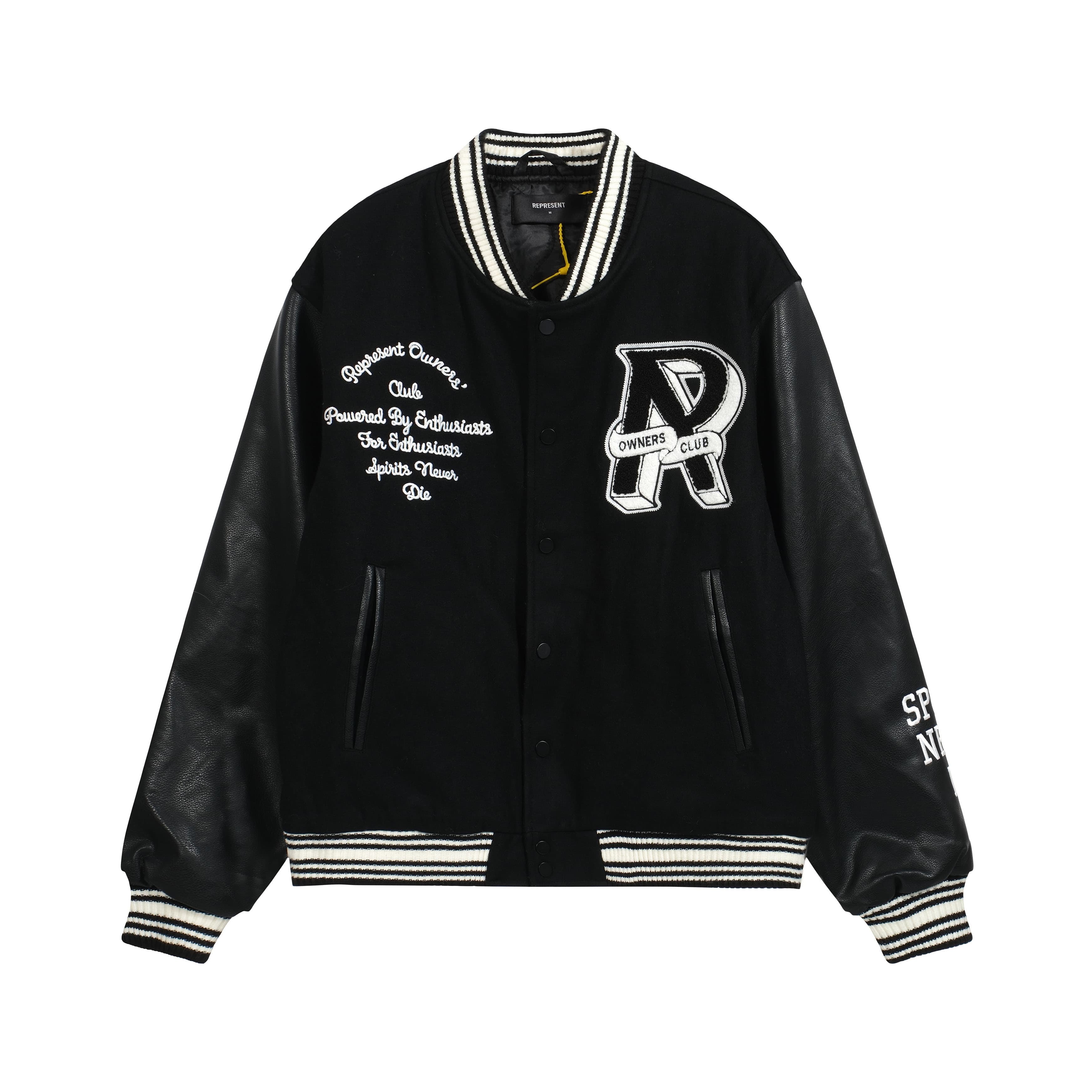 Represent Owners Club Black Leather & Wool Varsity Jacket