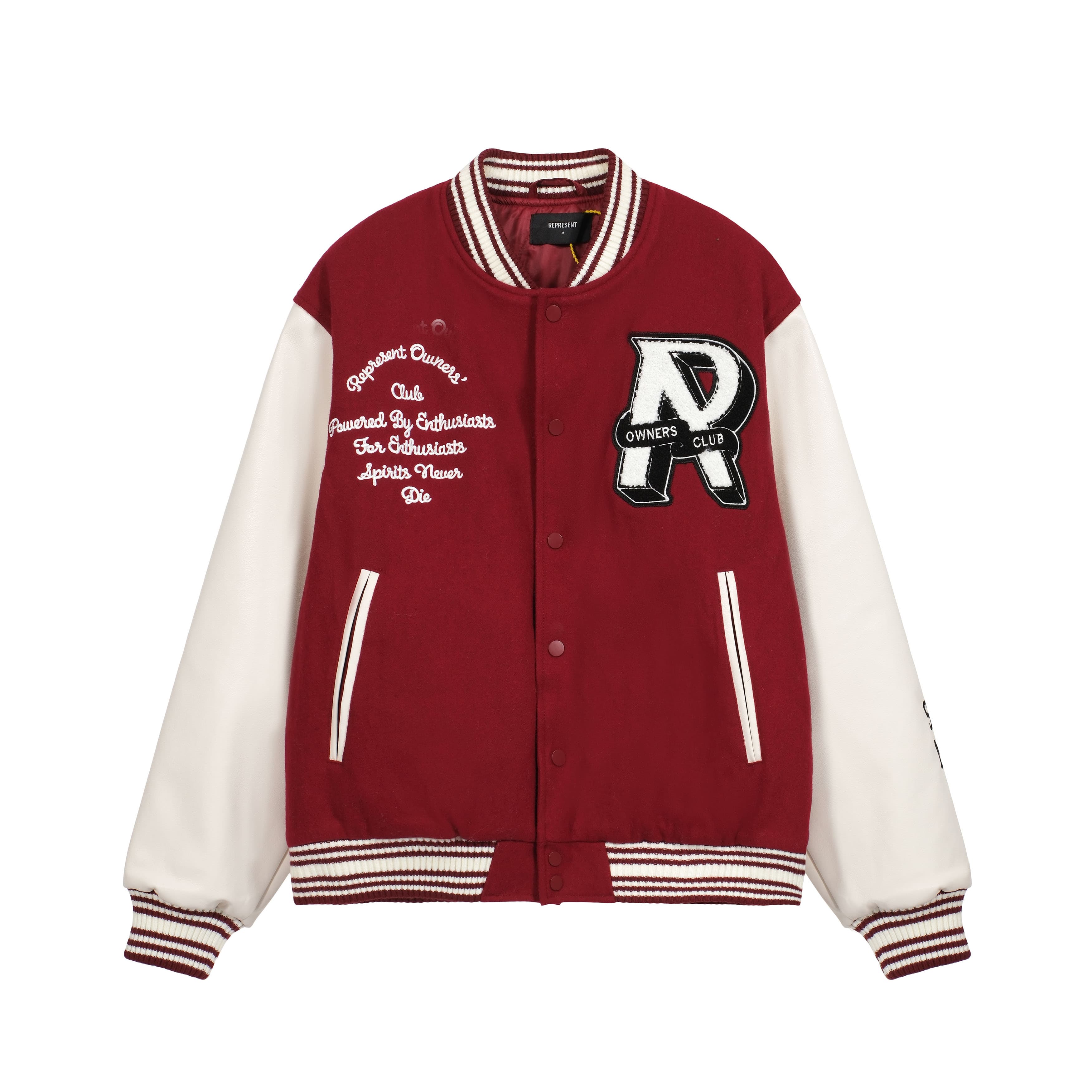 Represent Owners Club Varsity Jacket: Black & Red Colorways