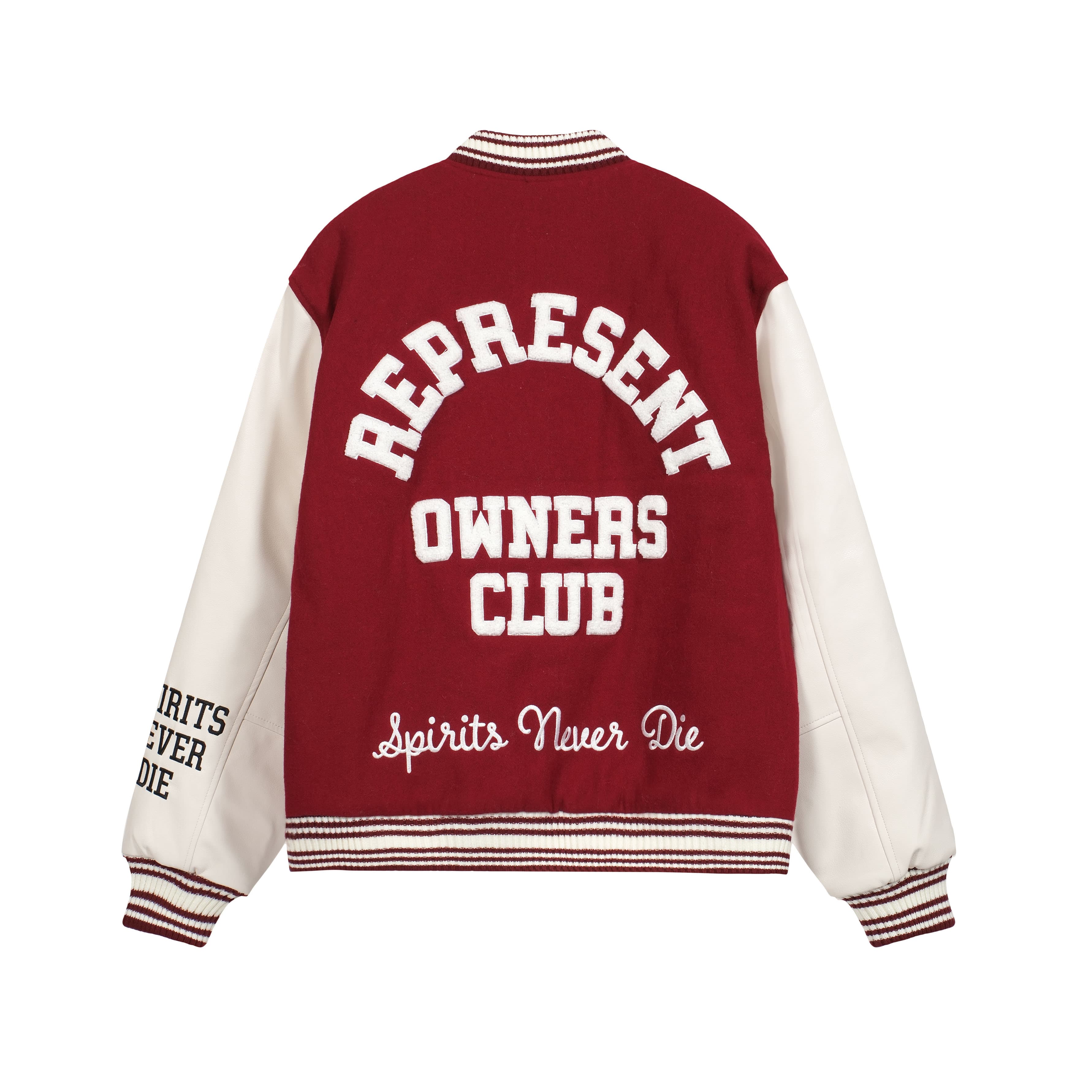 Represent Owners Club Varsity Jacket: Black & Red Colorways