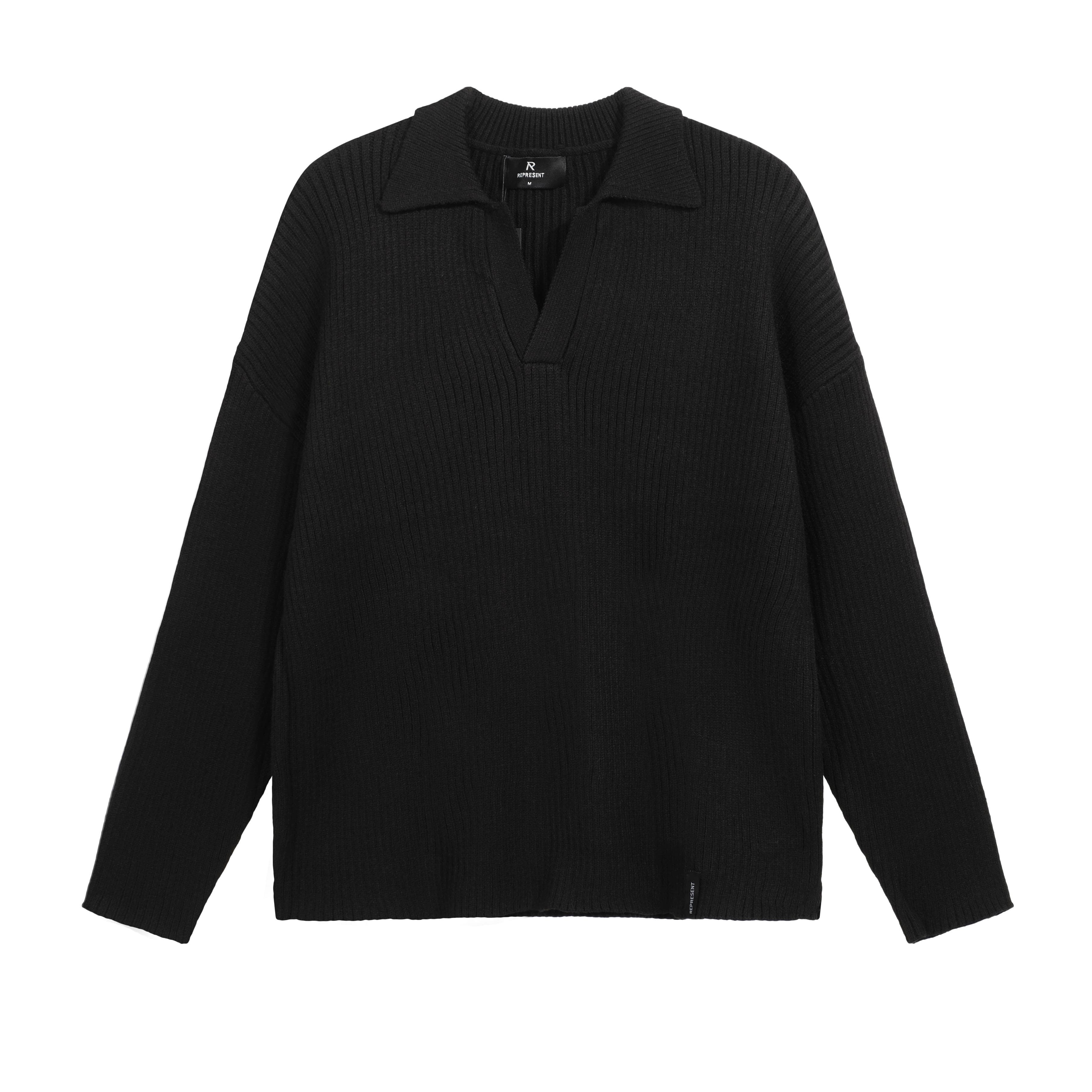Represent Black Ribbed Knit V-Neck Collared Sweater