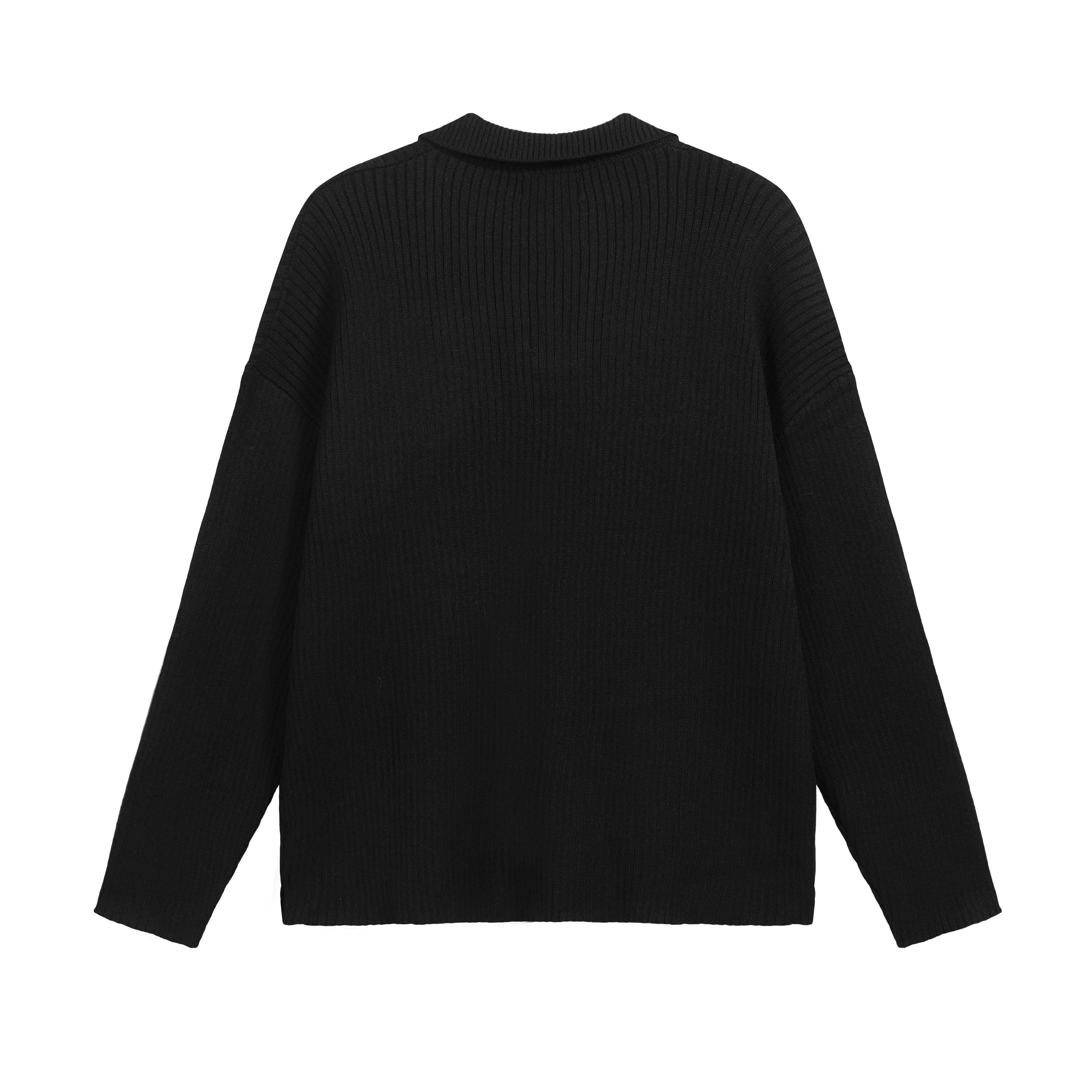 Represent Black Ribbed Knit V-Neck Collared Sweater