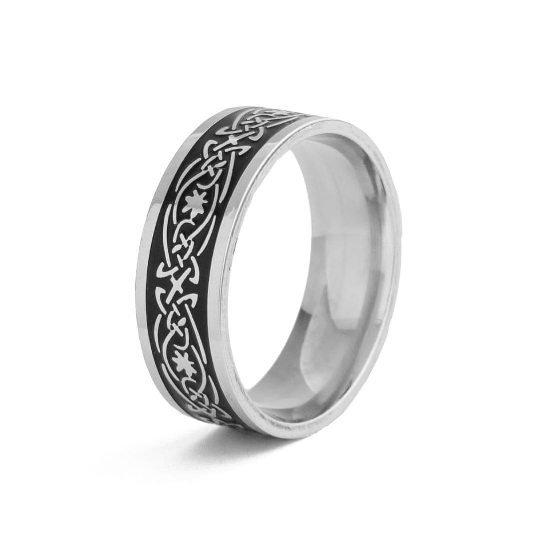 Celtic Engraved Stainless Steel Band Ring – Silver & Black Unisex Ring