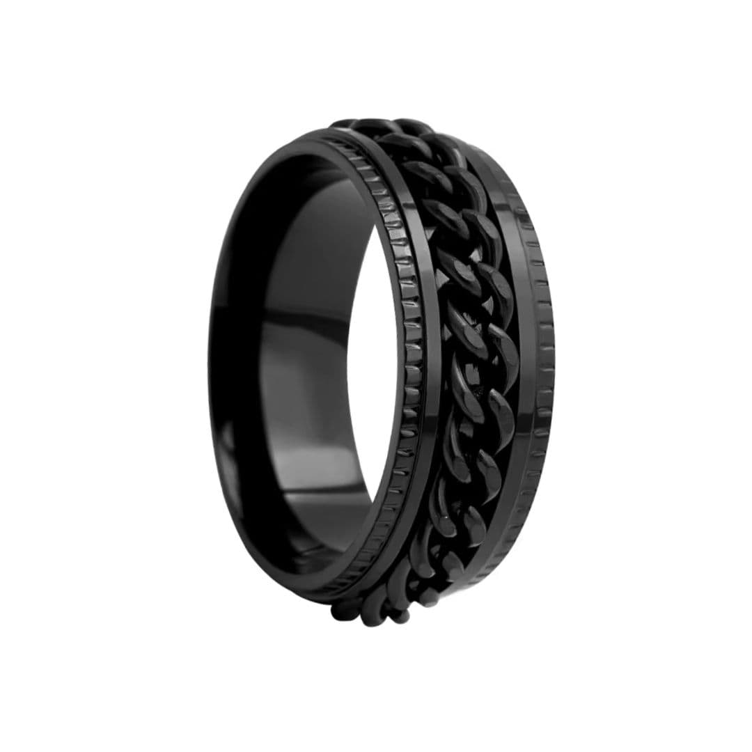 Black stainless steel spinner ring with Cuban chain center for men and women