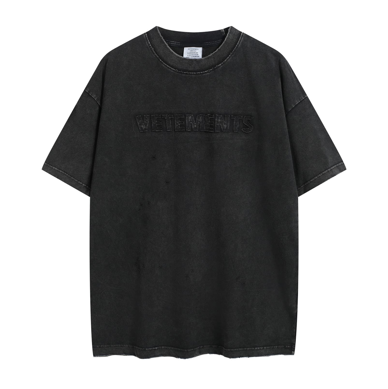 Vetements Black Oversized Embroidered Logo Distressed T-Shirt