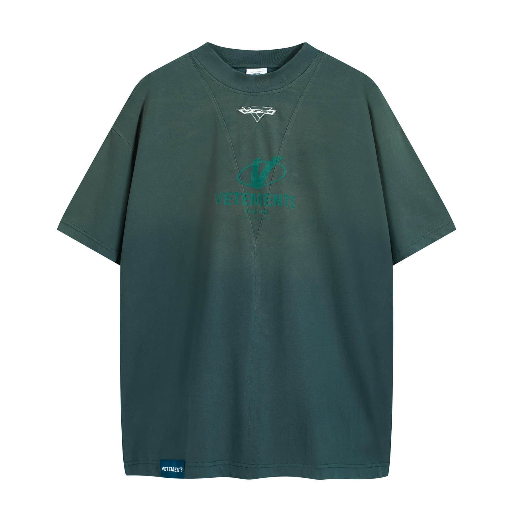 Vetements Washed Black Oversized V-Logo Distressed T-Shirt