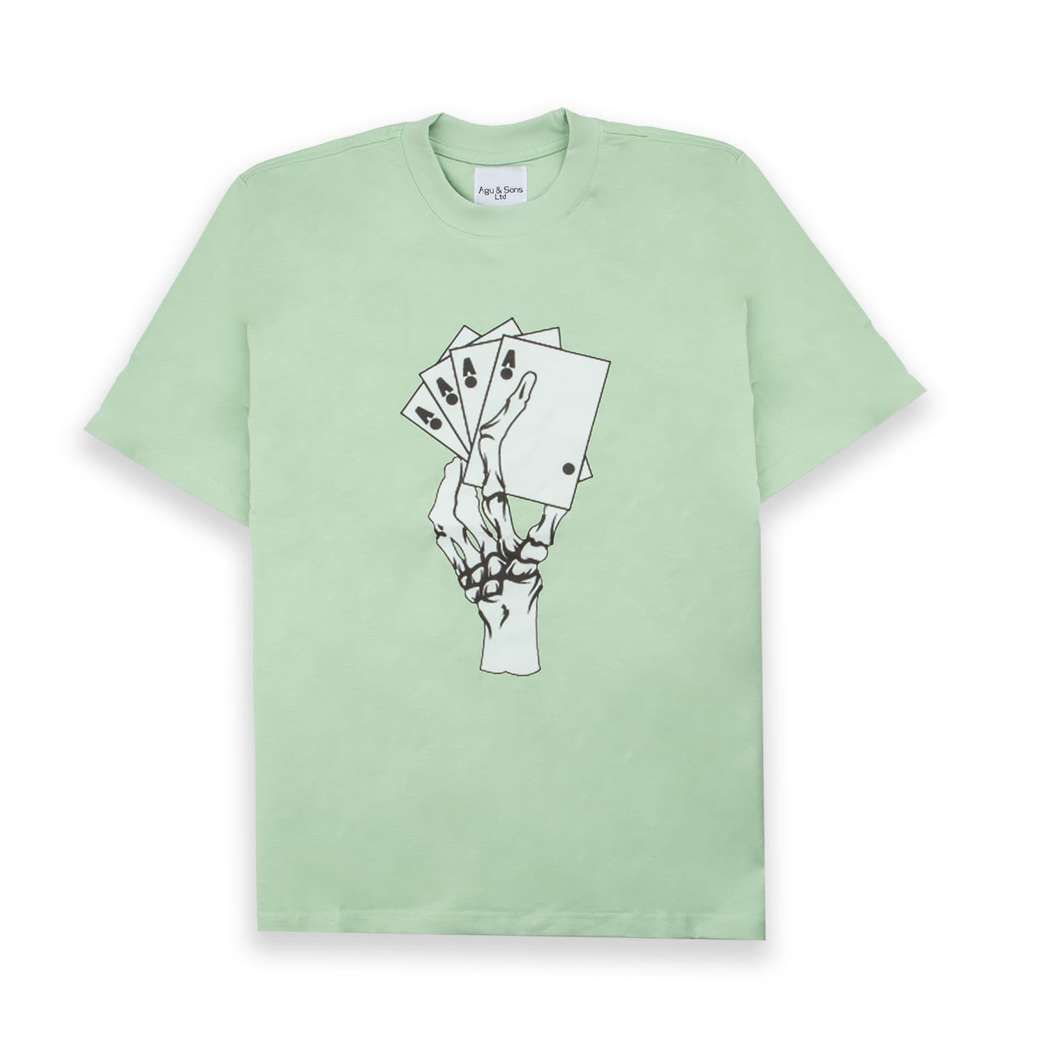 Mint green t-shirt with skeleton hand holding aces graphic. Unique card tee.