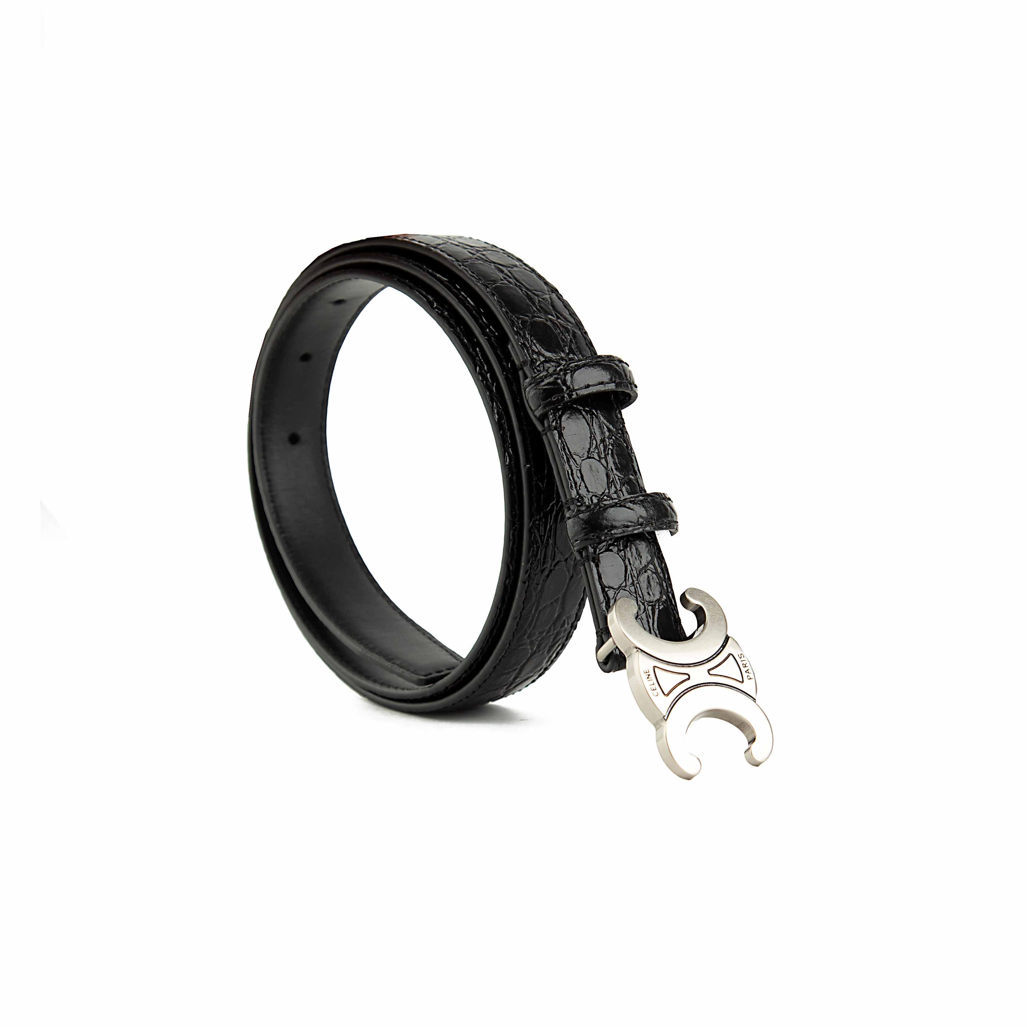 This elegant accessory is a masterclass in understated luxury, featuring a smooth, semi-matte black calfskin leather strap.