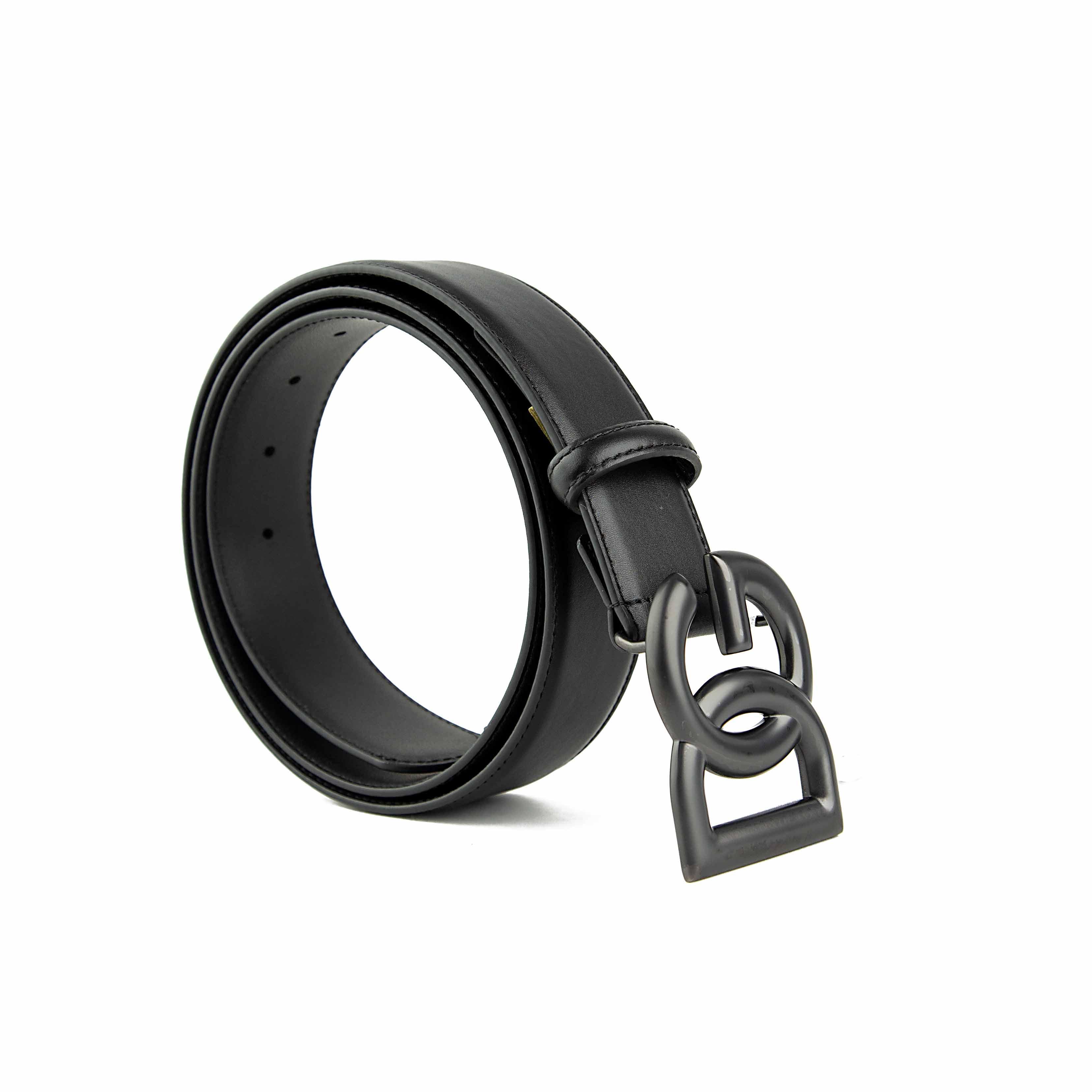 The centerpiece is the iconic interlocking "DG" logo buckle, rendered in a sophisticated matte black finish.