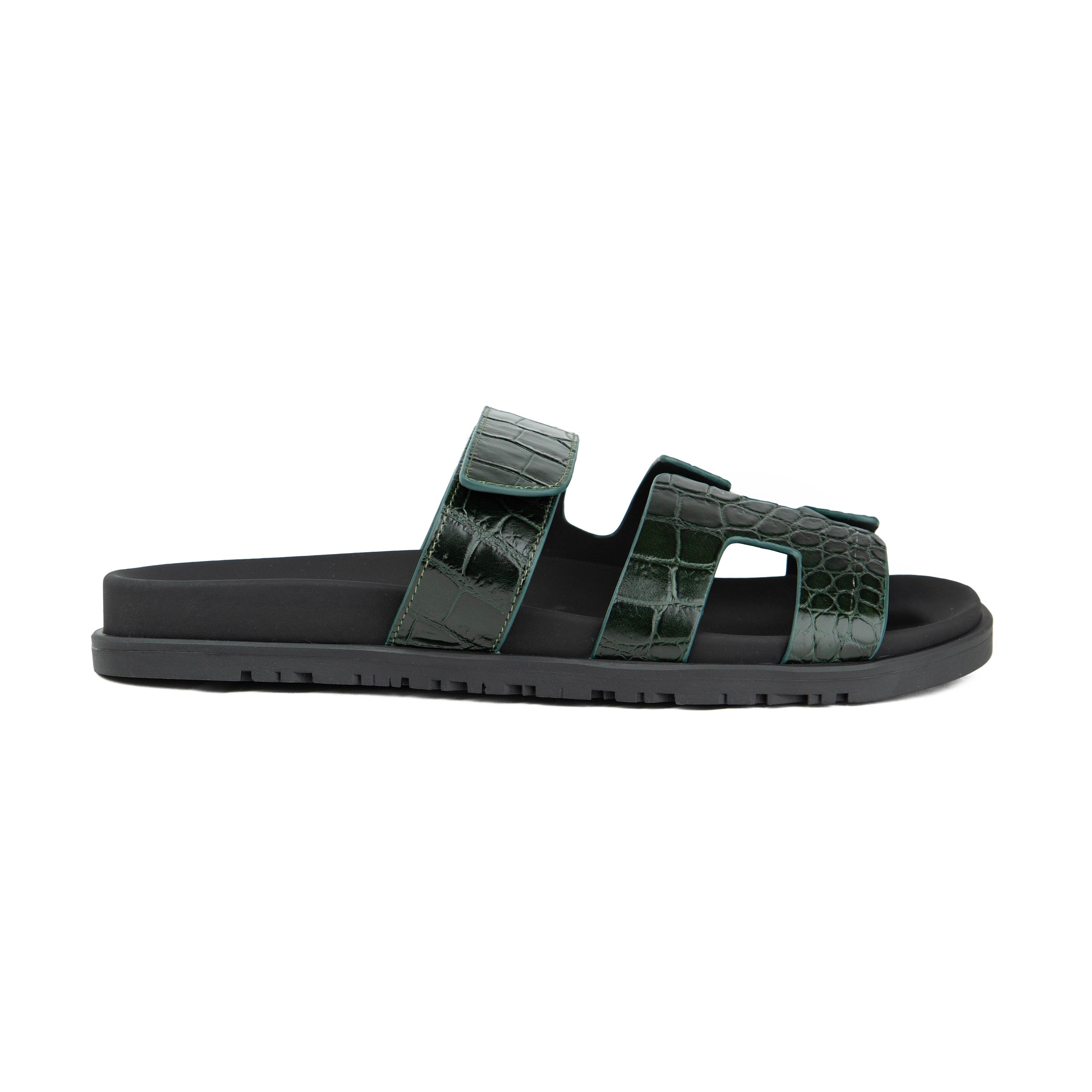 Hermès Chypre Sandals in Forest Green Crocodile Leather