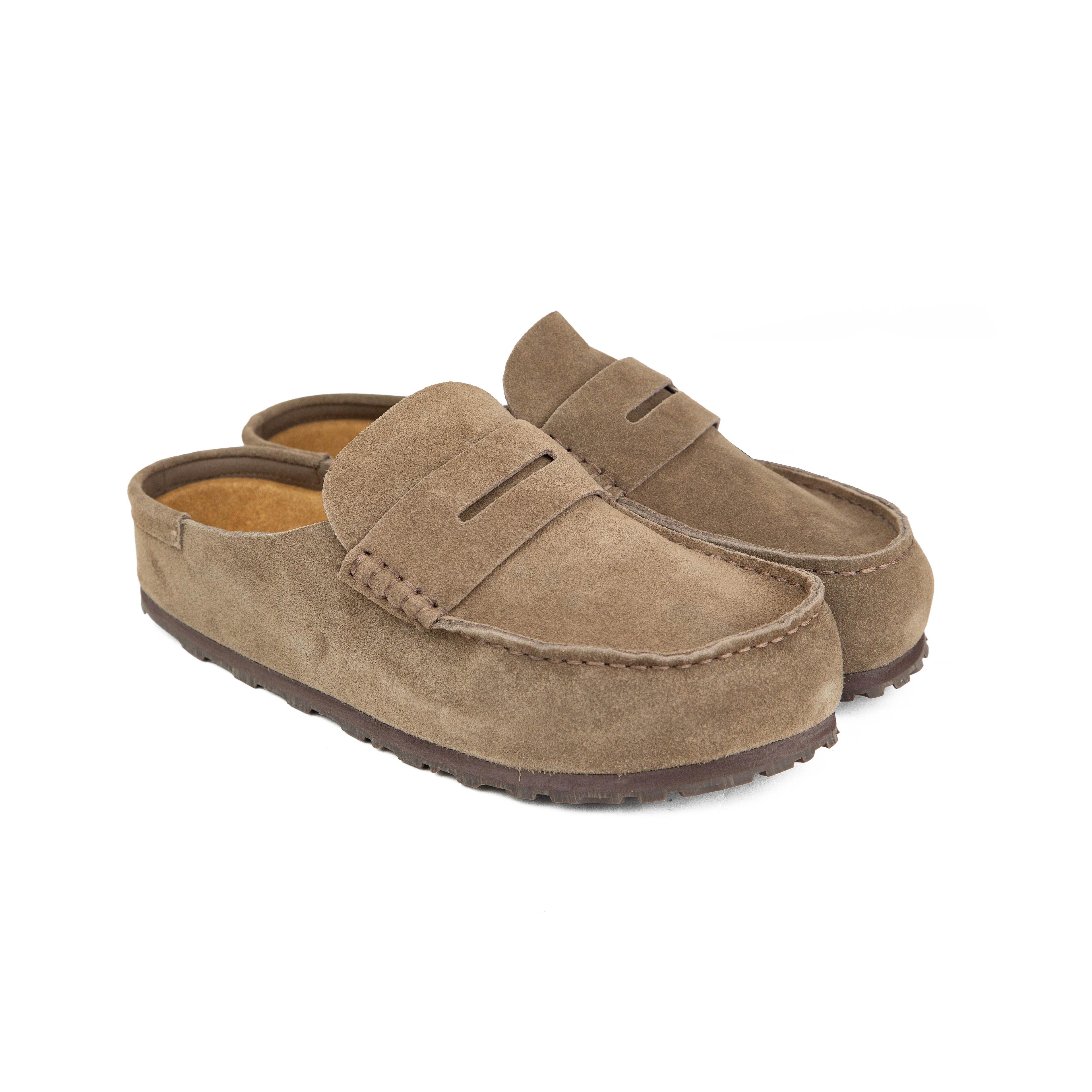 Shop our luxury Taupe Suede Penny Loafer Mules.