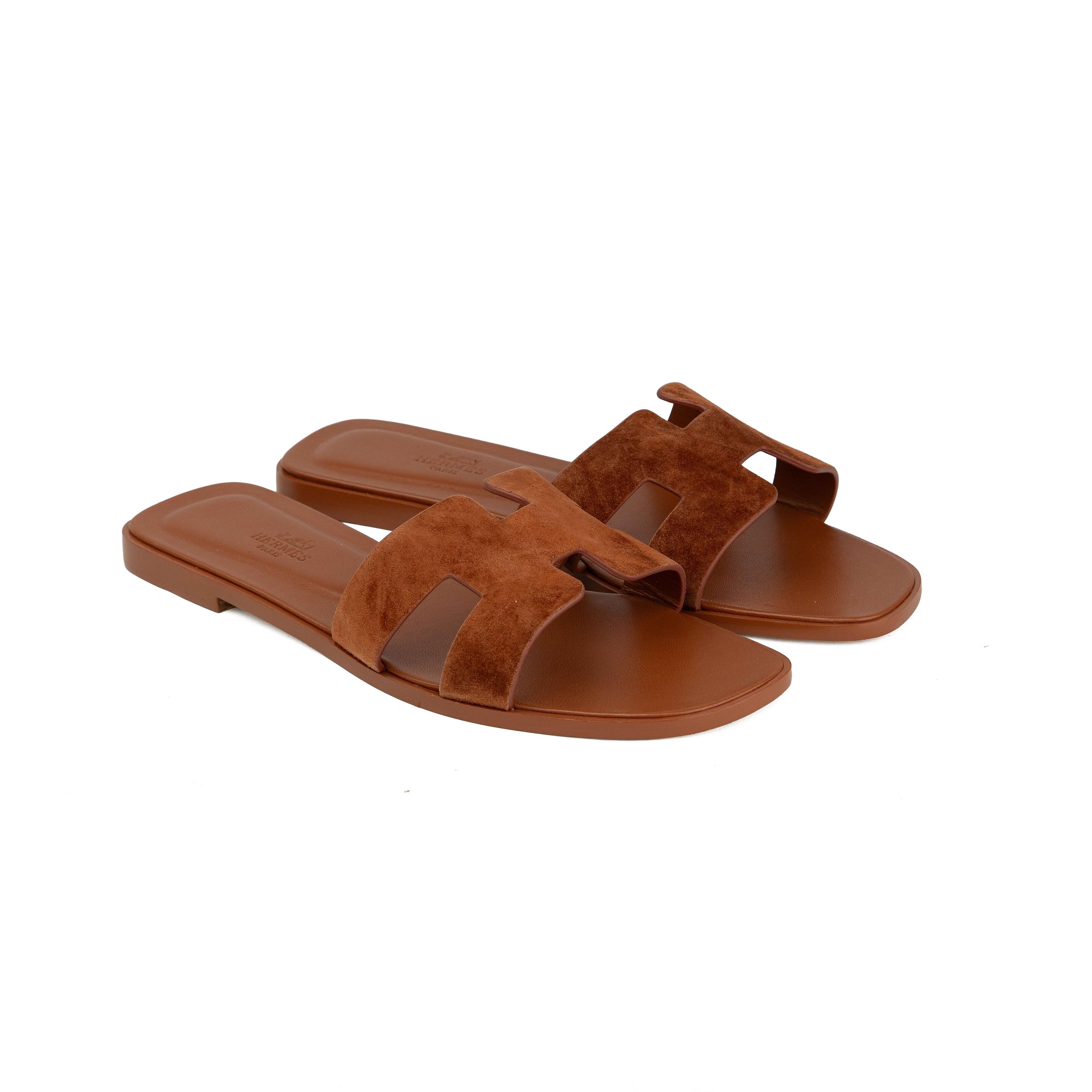 Hermès Oran Suede Sandals - Cognac Brown H-Strap Flat Slides