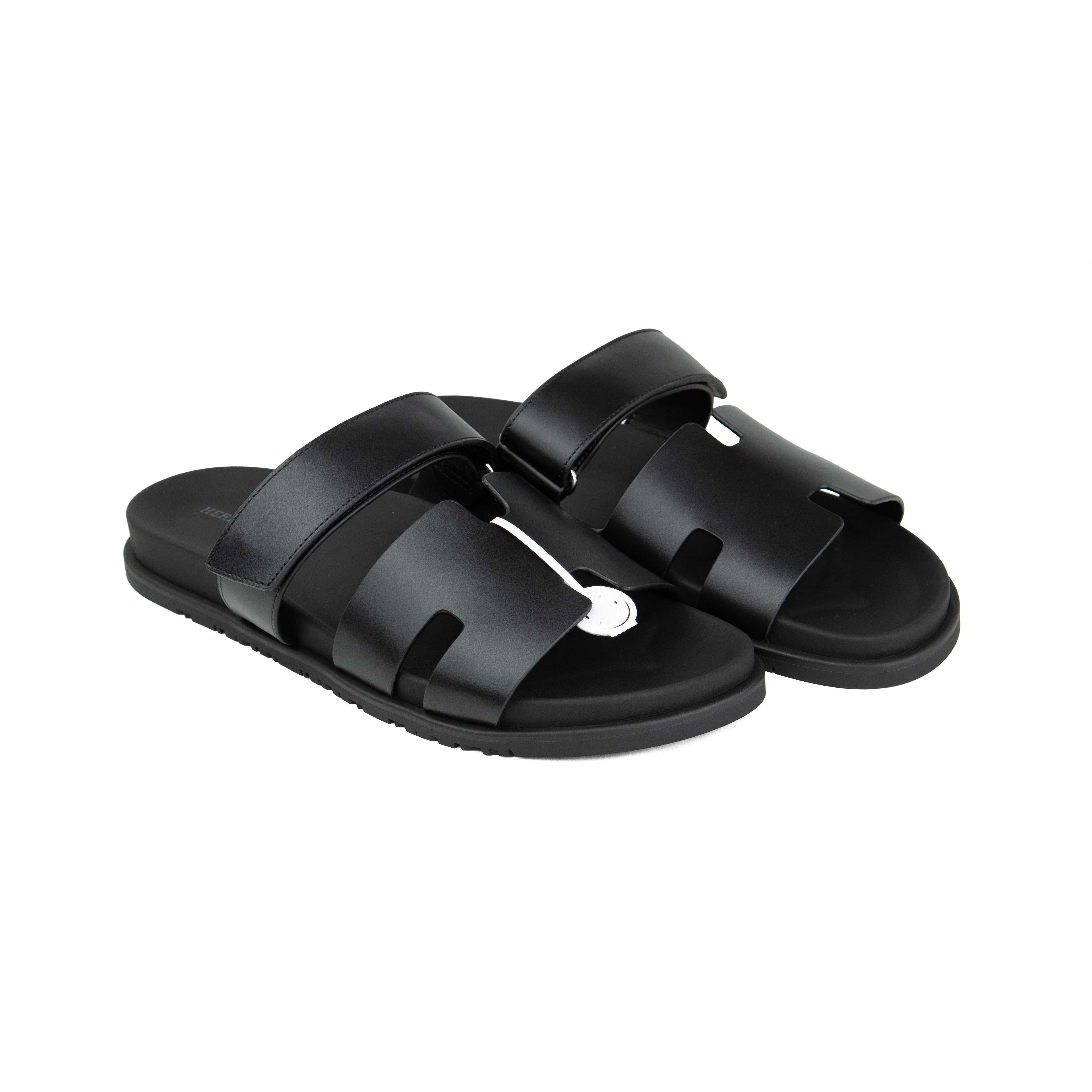 Hermès Chypre Sandals - Matte Black Calfskin Leather Slides