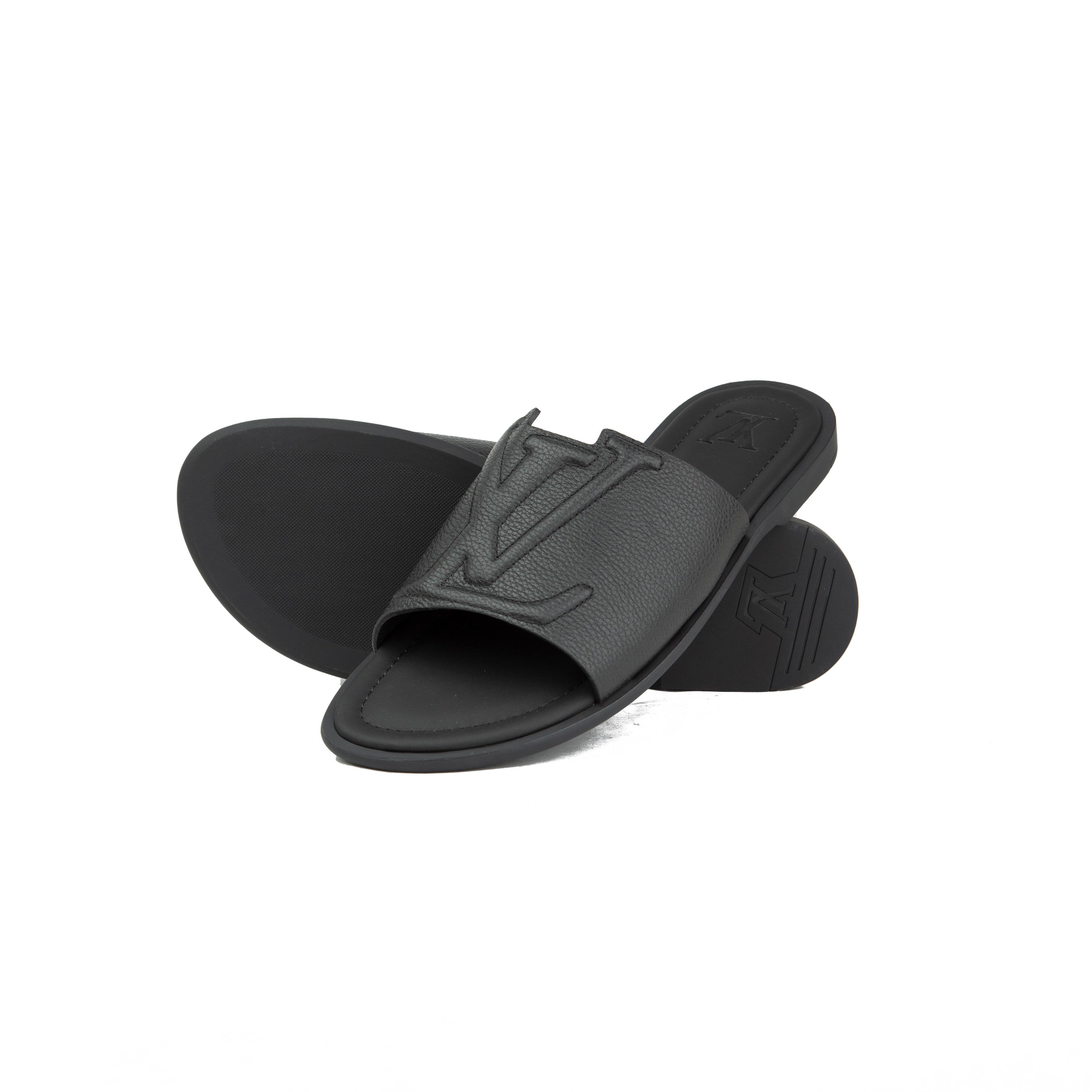 Louis Vuitton Waterfront Black Leather Mules | Luxury Slides