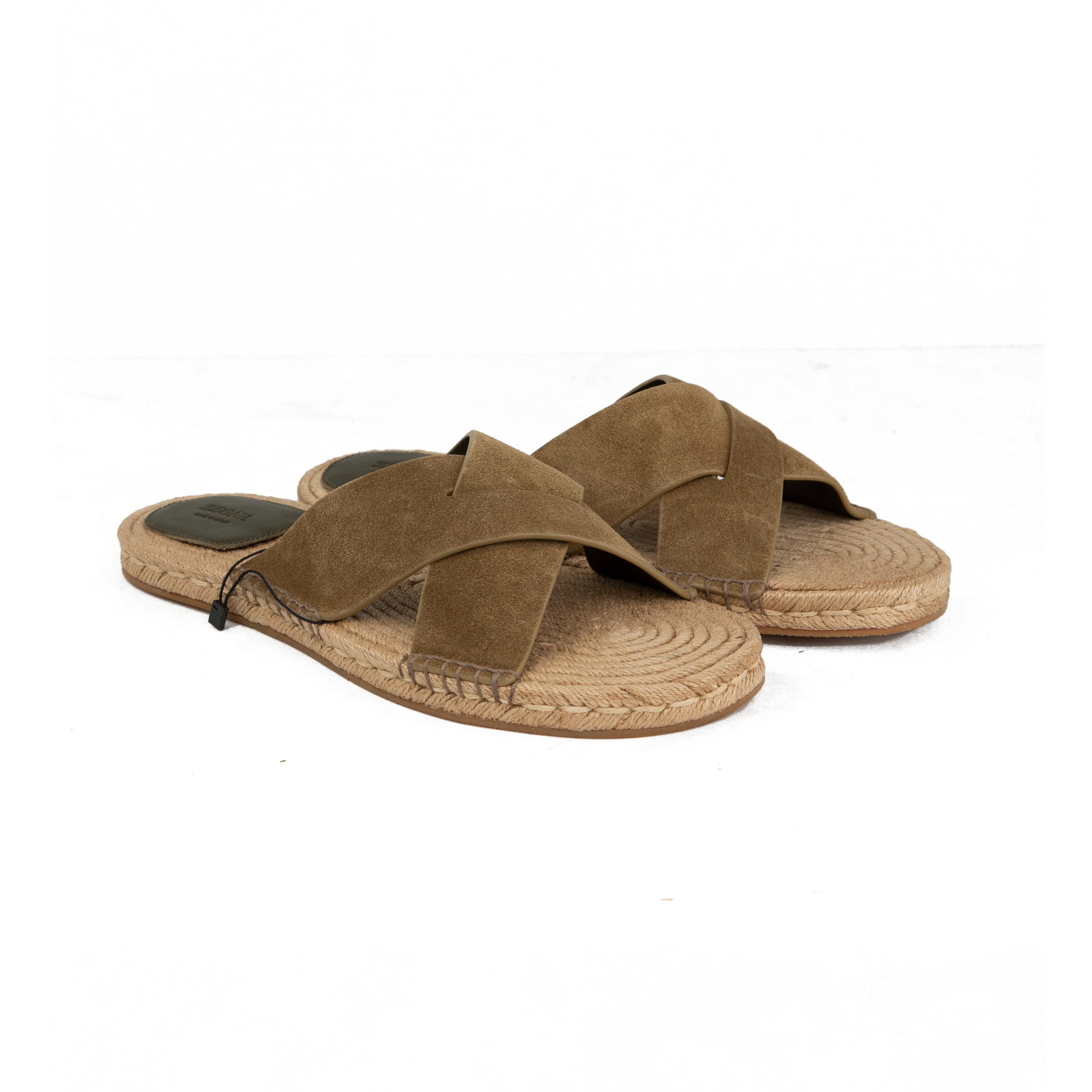 ZEGNA Men's Olive Suede Cross-Strap Espadrille Slides