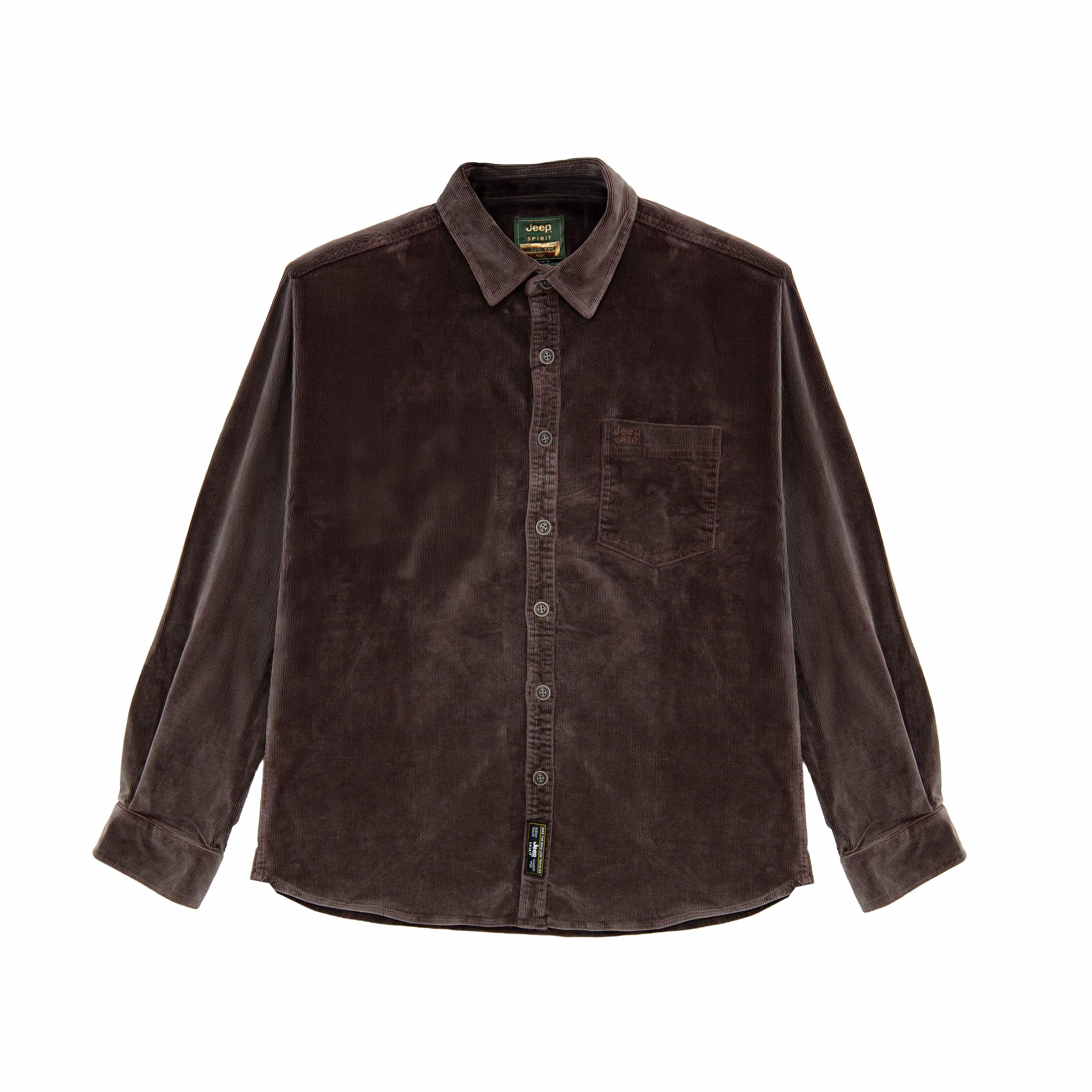 Jeep Spirit Vintage Corduroy Shirt in washed brown with button-down front, chest pocket, and soft textured fabric for casual everyday wear.
