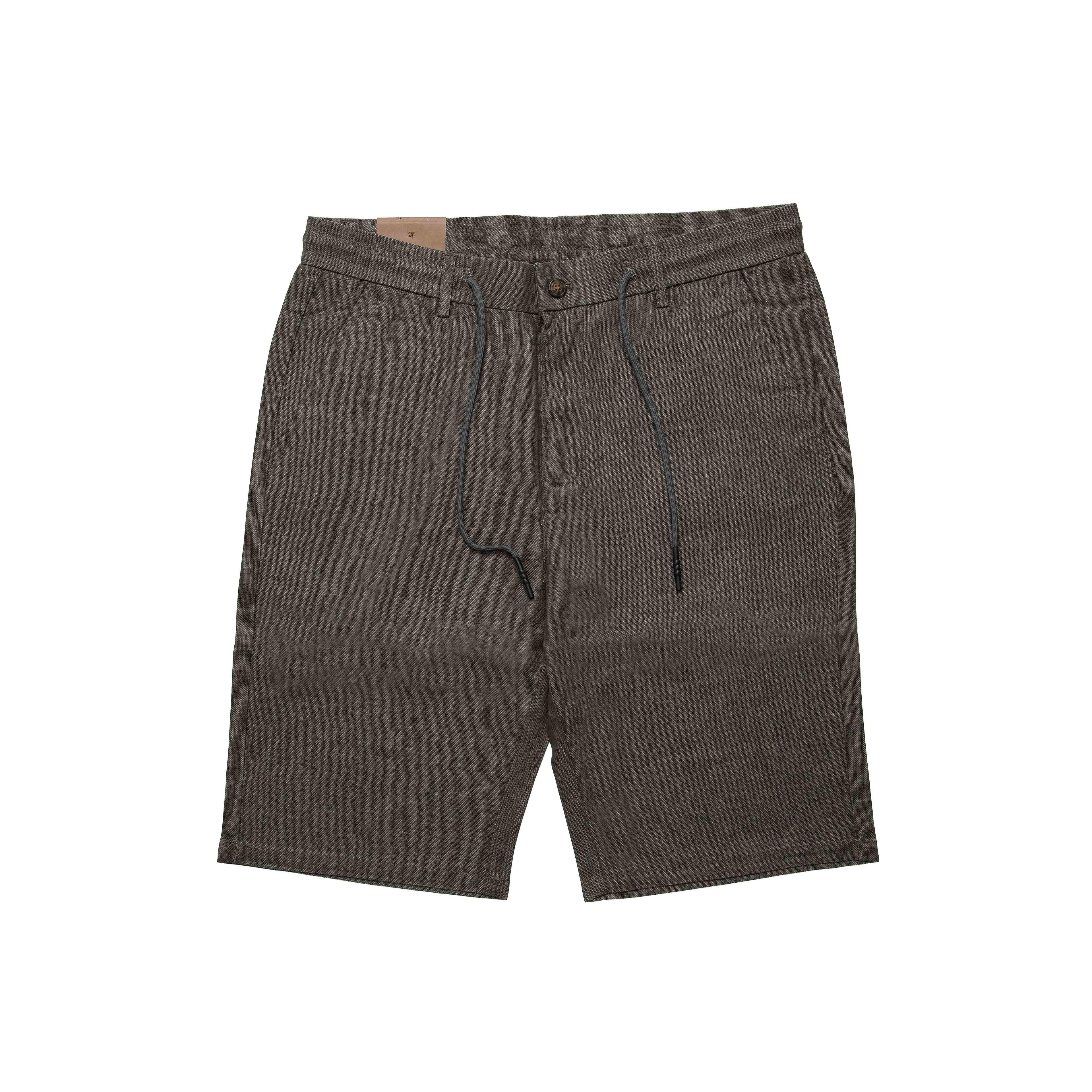 Olive brown linen drawstring shorts with relaxed fit and breathable fabric.