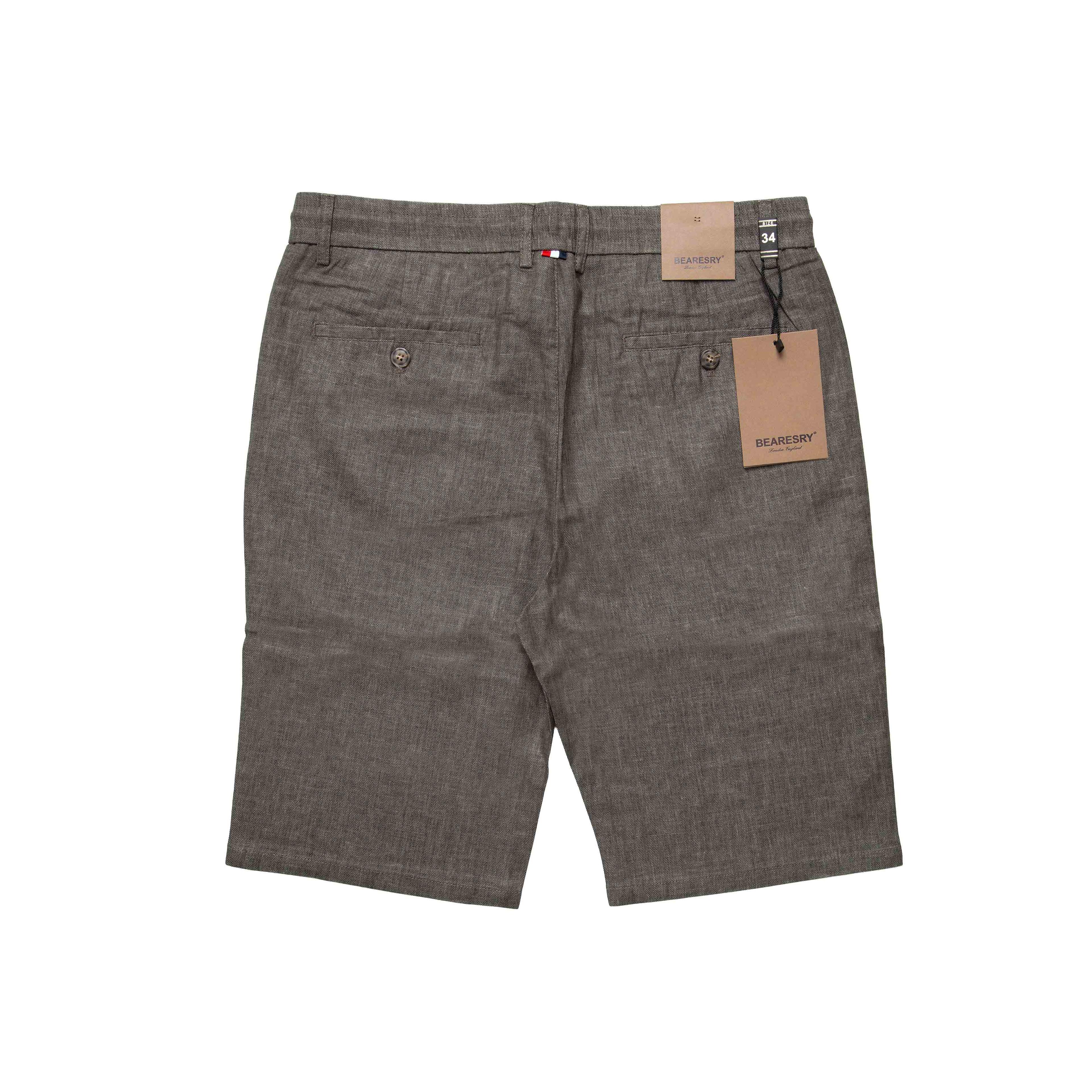 Olive brown linen drawstring shorts with relaxed fit and breathable fabric.