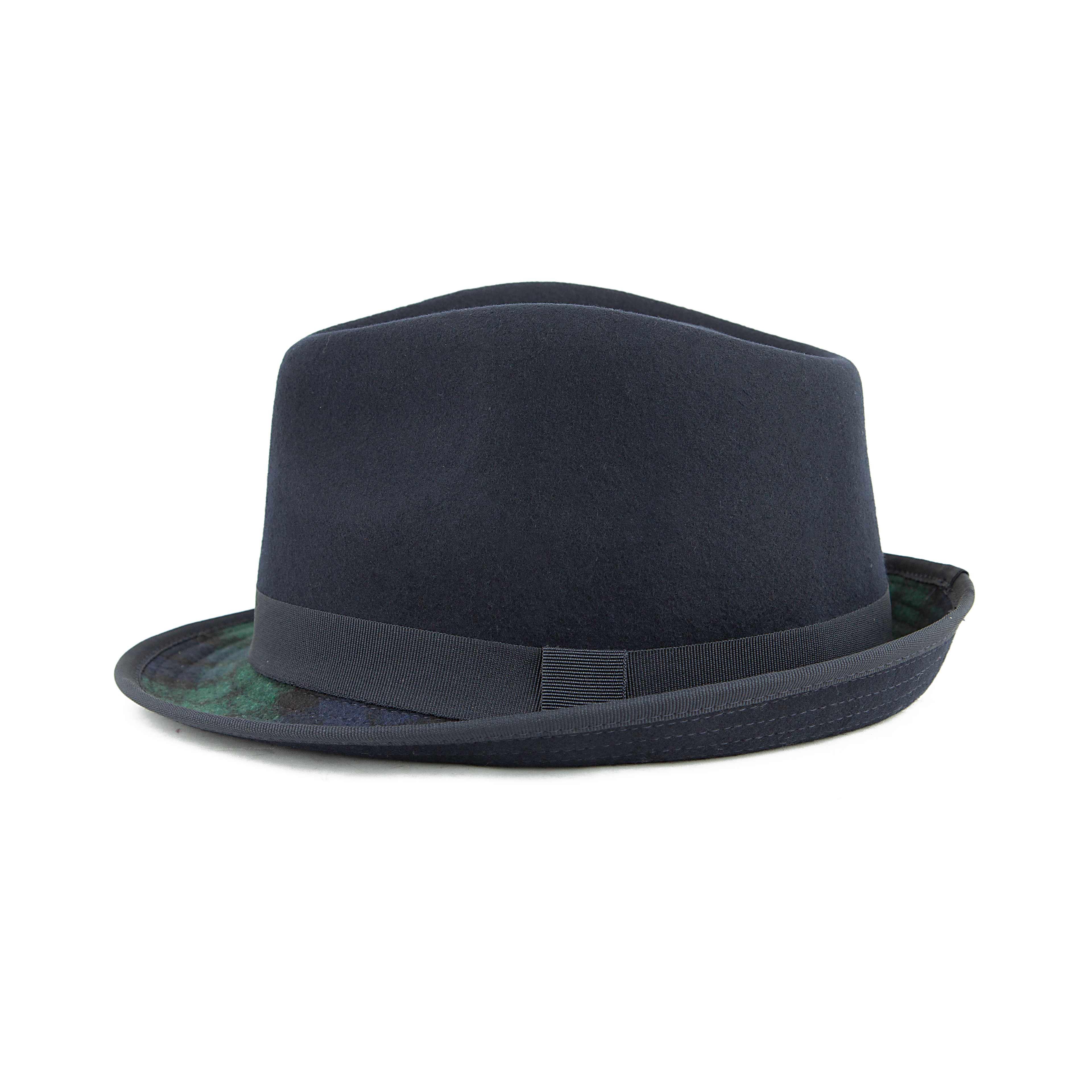 Navy Wool Fedora Hat with Tartan Brim | Unisex Classic Style