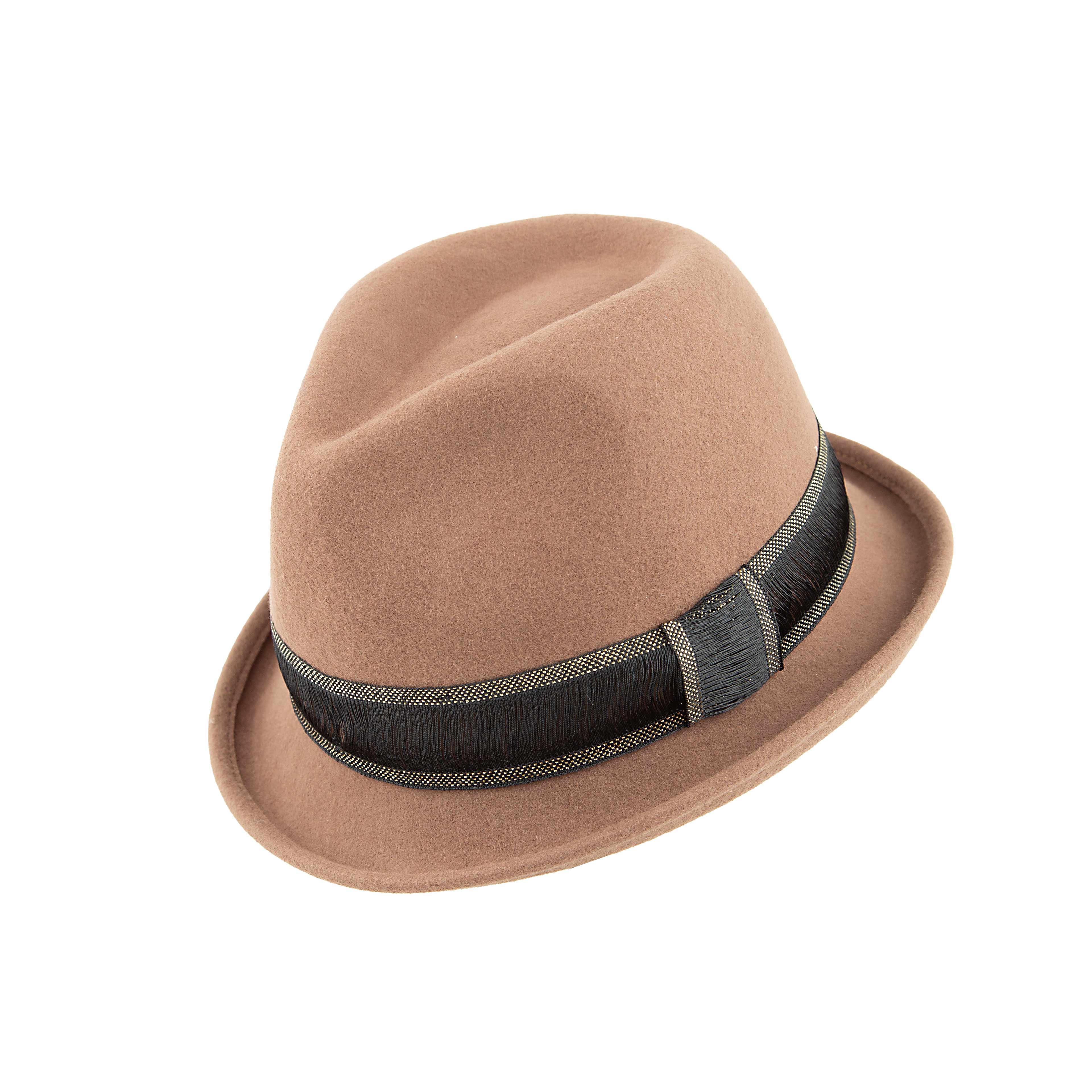 Camel Wool Trilby Hat | Unisex Fedora with Gold Trim Band