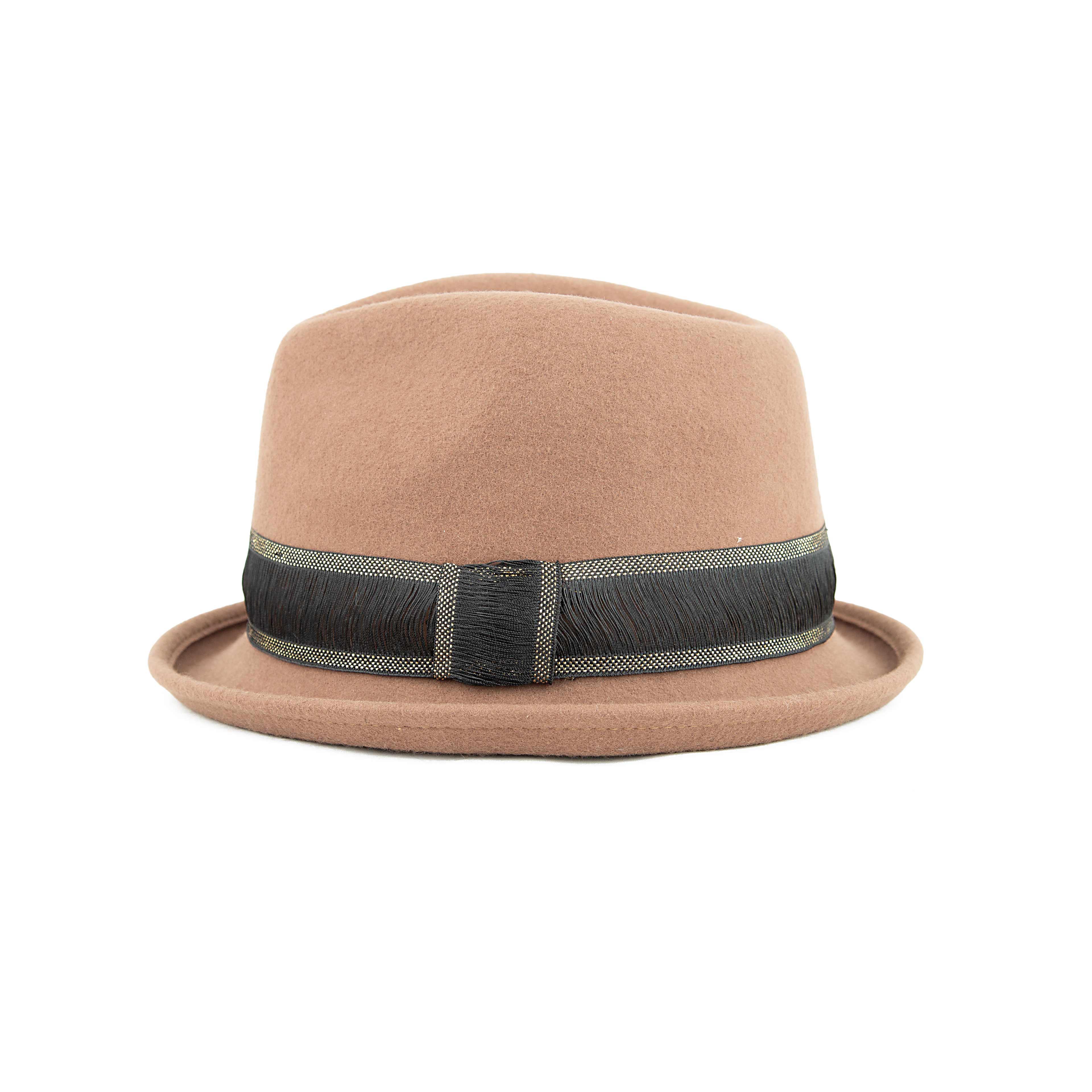 Camel Wool Trilby Hat | Unisex Fedora with Gold Trim Band