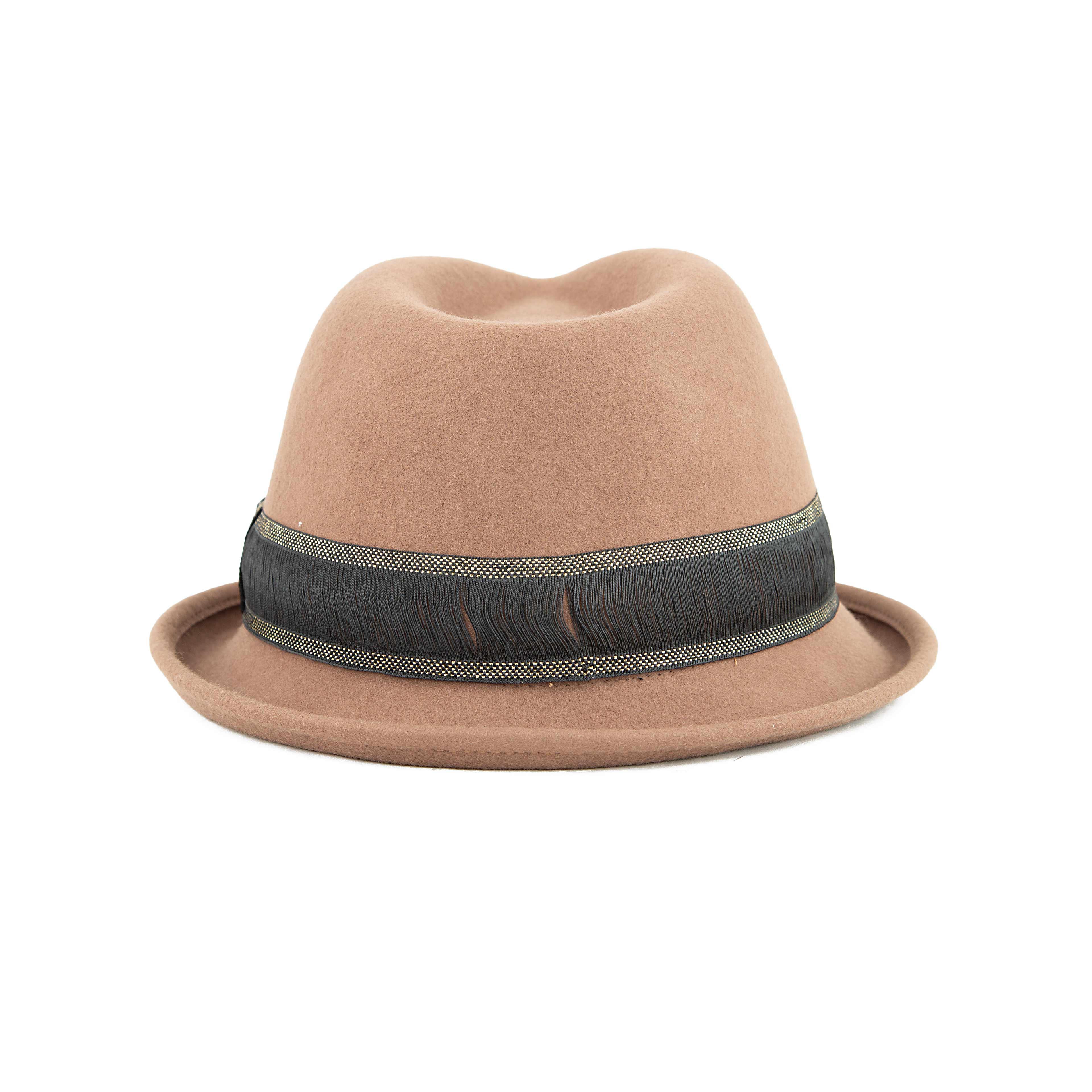 Camel Wool Trilby Hat | Unisex Fedora with Gold Trim Band
