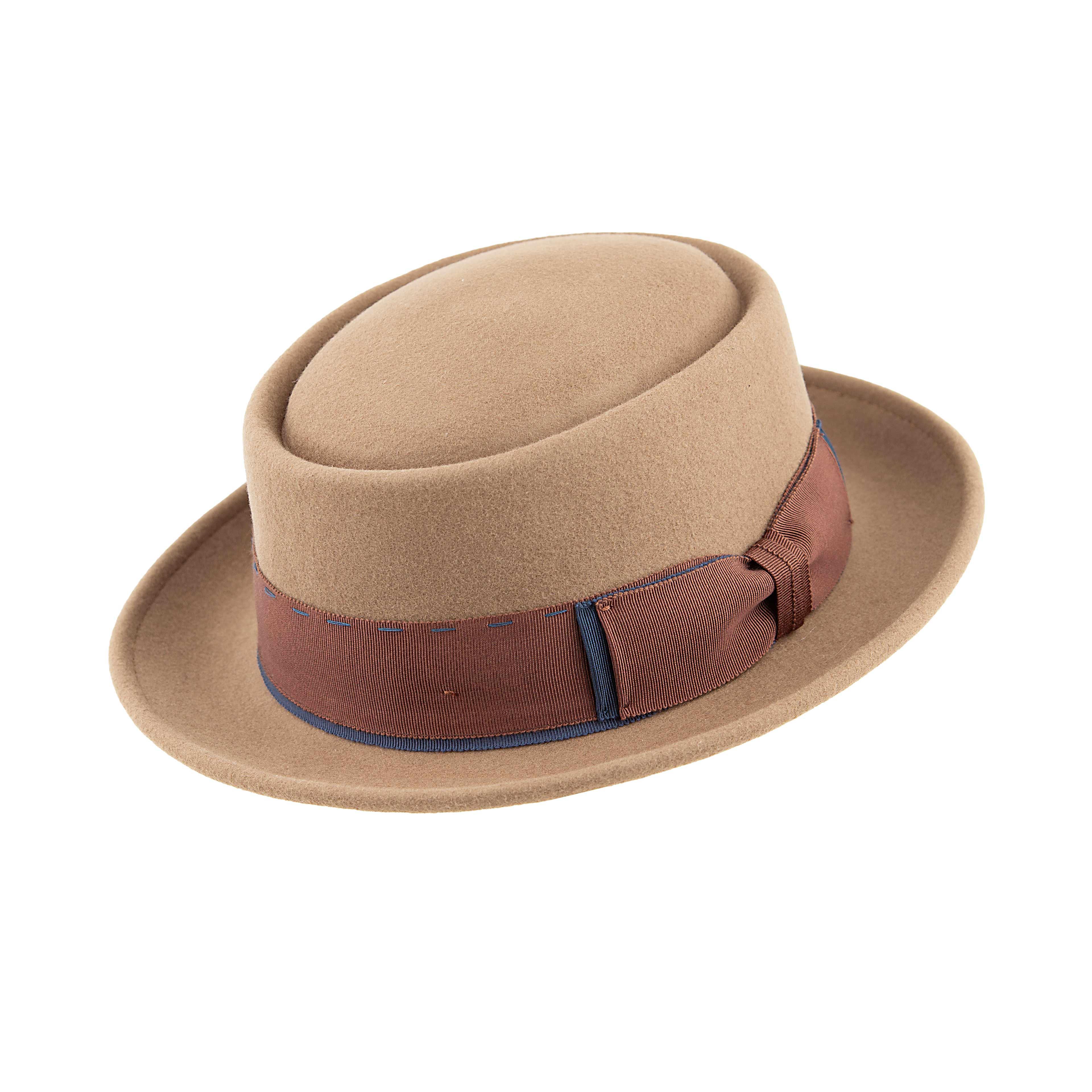 Camel Wool Pork Pie Hat with Blue Stitching | Unisex Style