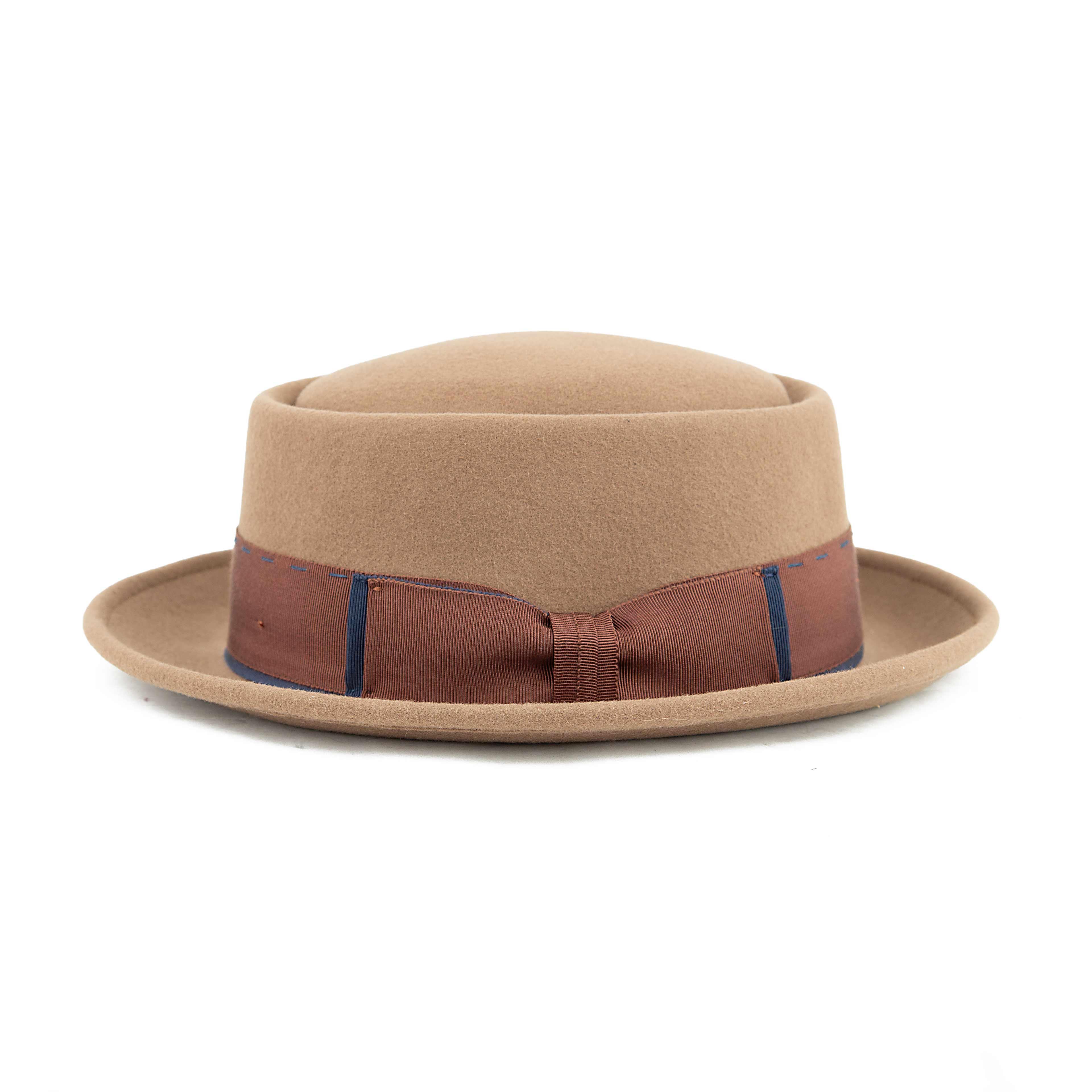 Camel Wool Pork Pie Hat with Blue Stitching | Unisex Style