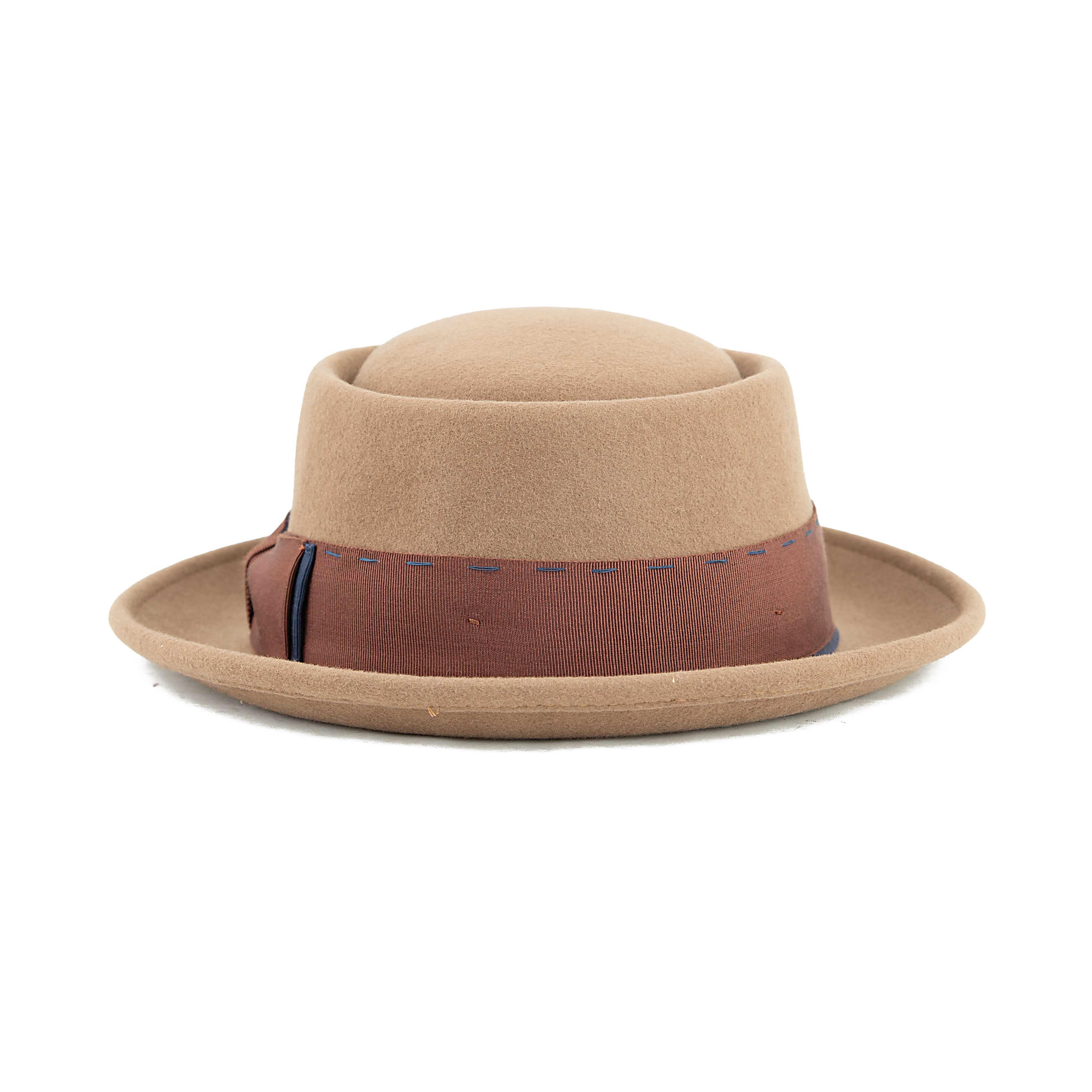 Camel Wool Pork Pie Hat with Blue Stitching | Unisex Style