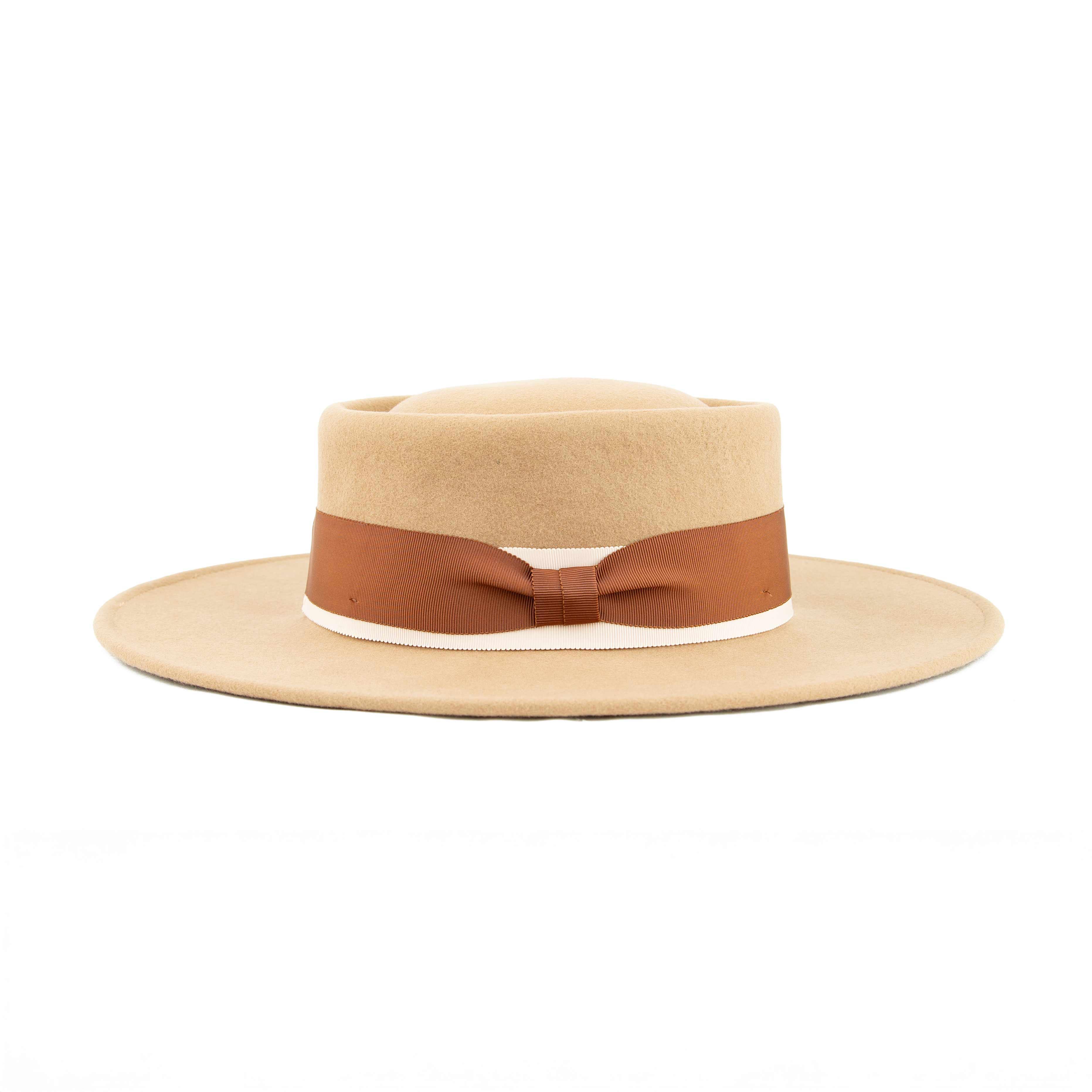 Camel Wool Felt Bolero Hat - Wide Brim Ribbon Ribbon Hat