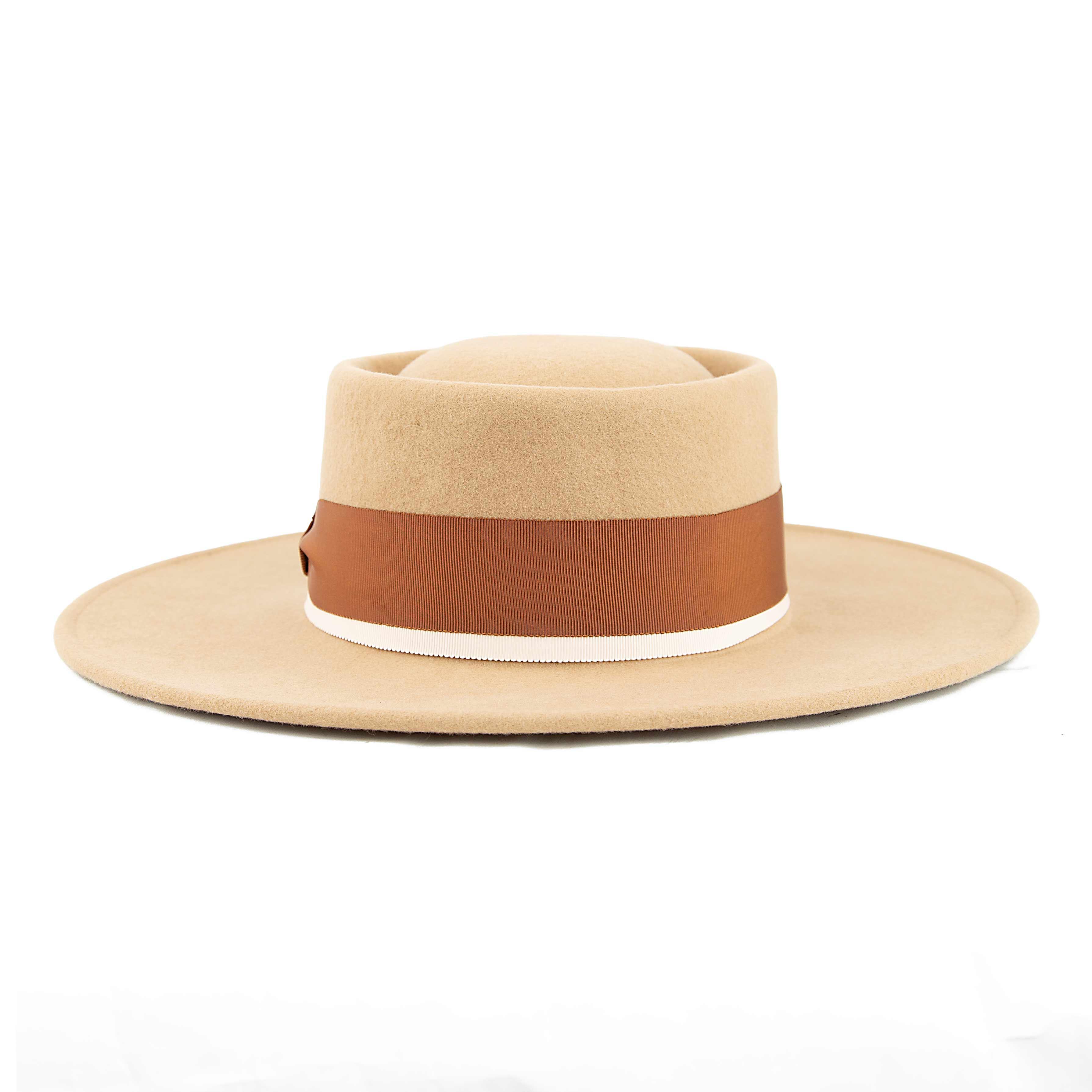 Camel Wool Felt Bolero Hat - Wide Brim Ribbon Ribbon Hat
