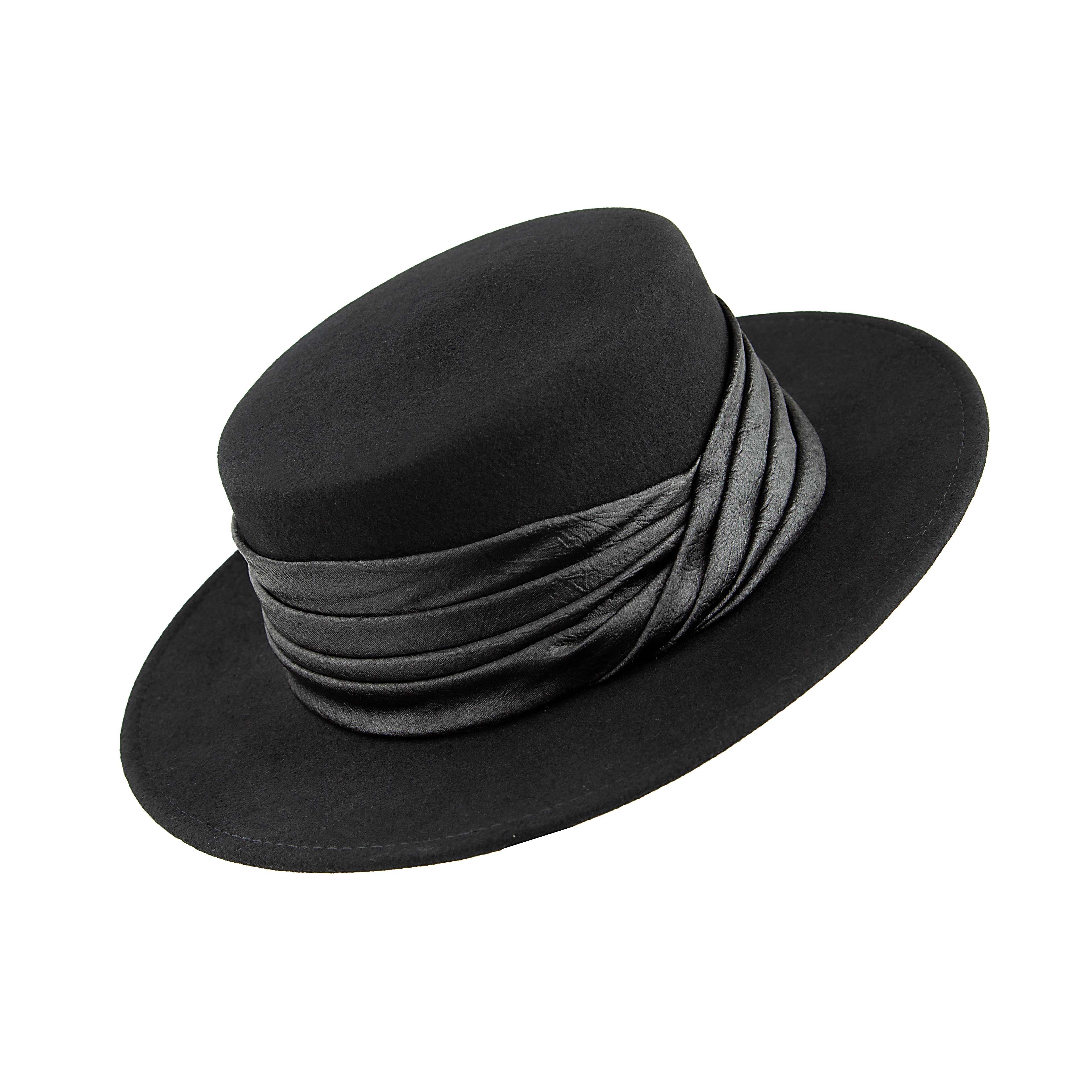 Black Wool Felt Bolero Hat with Ruched Leather Band & Gold