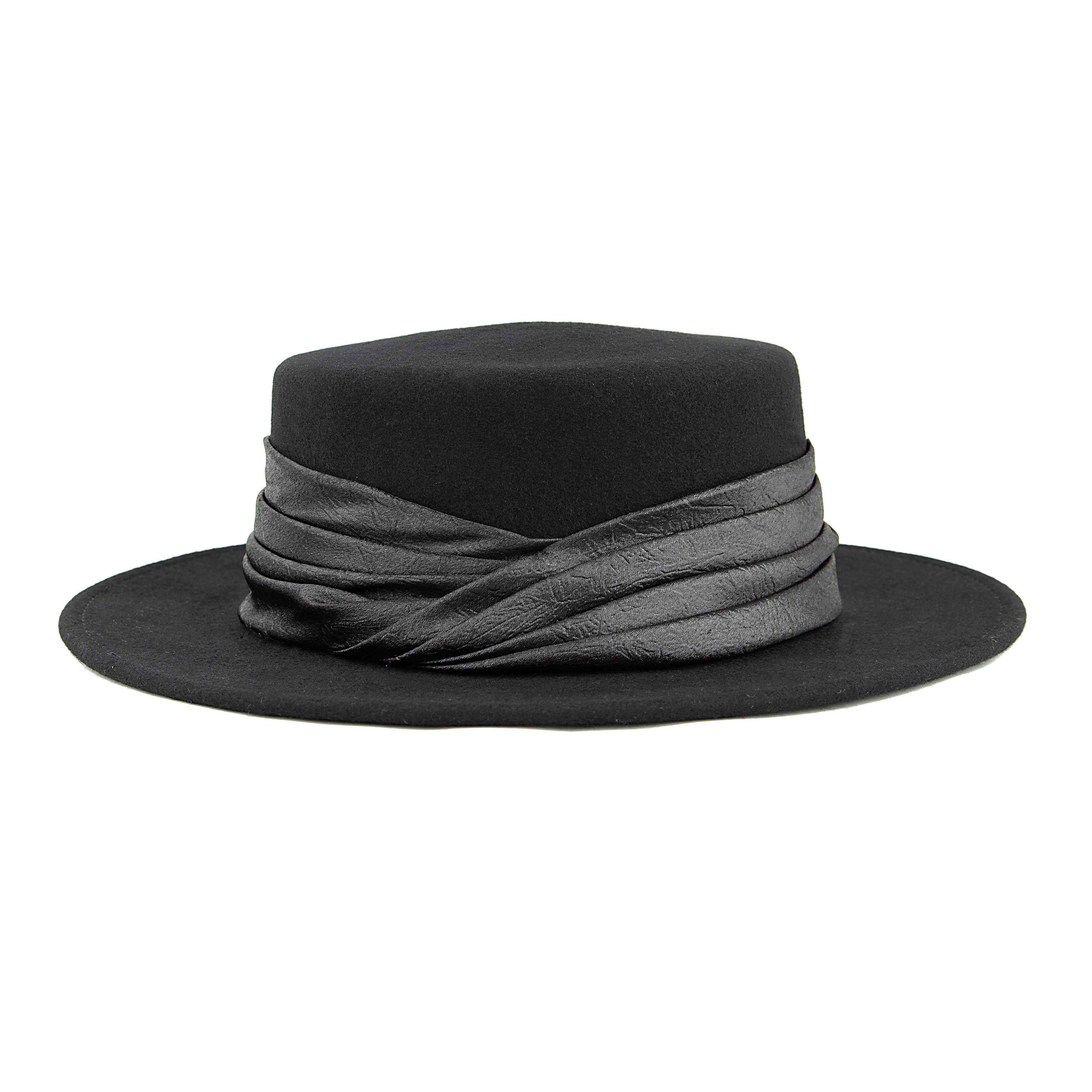 Black Wool Felt Bolero Hat with Ruched Leather Band & Gold