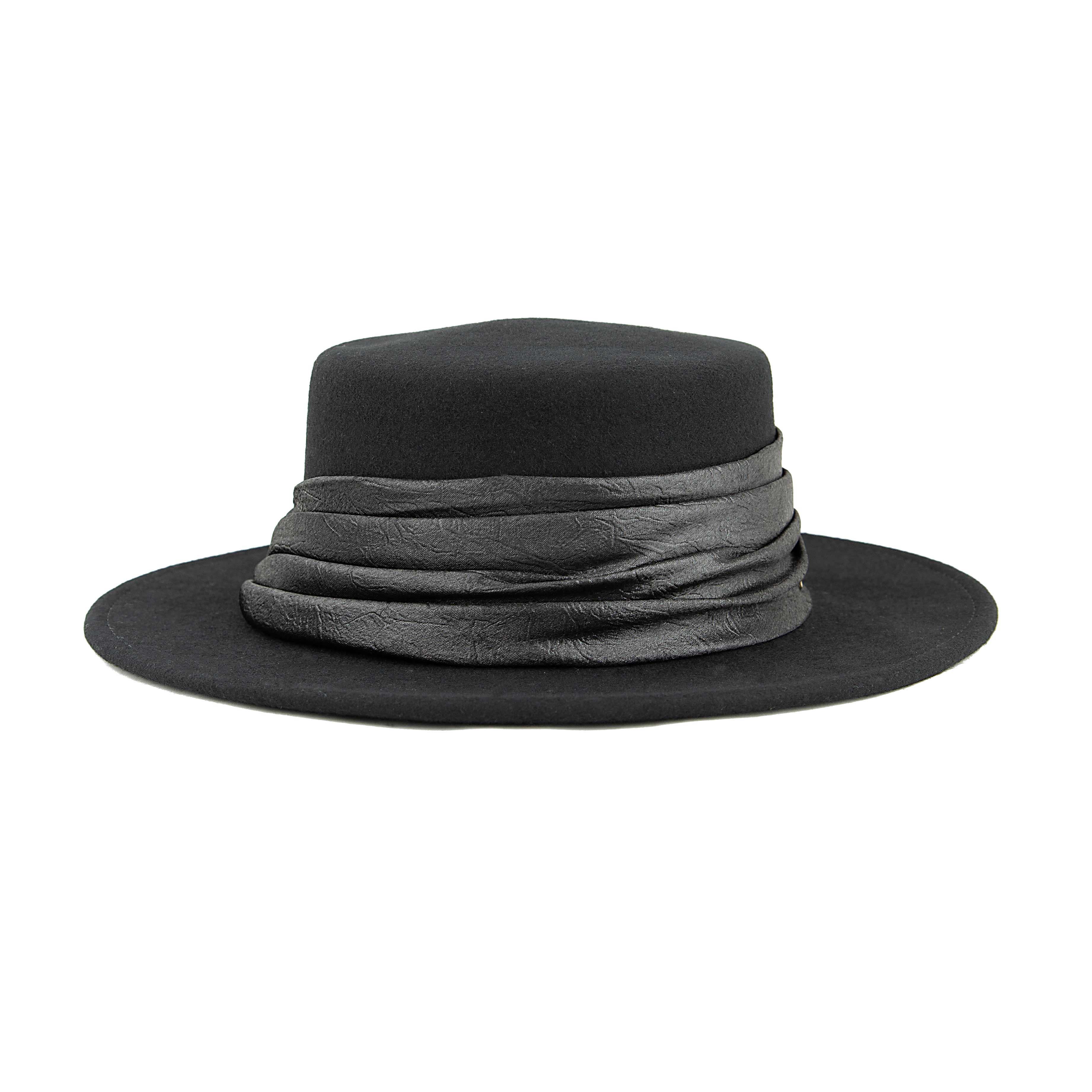 Black Wool Felt Bolero Hat with Ruched Leather Band & Gold