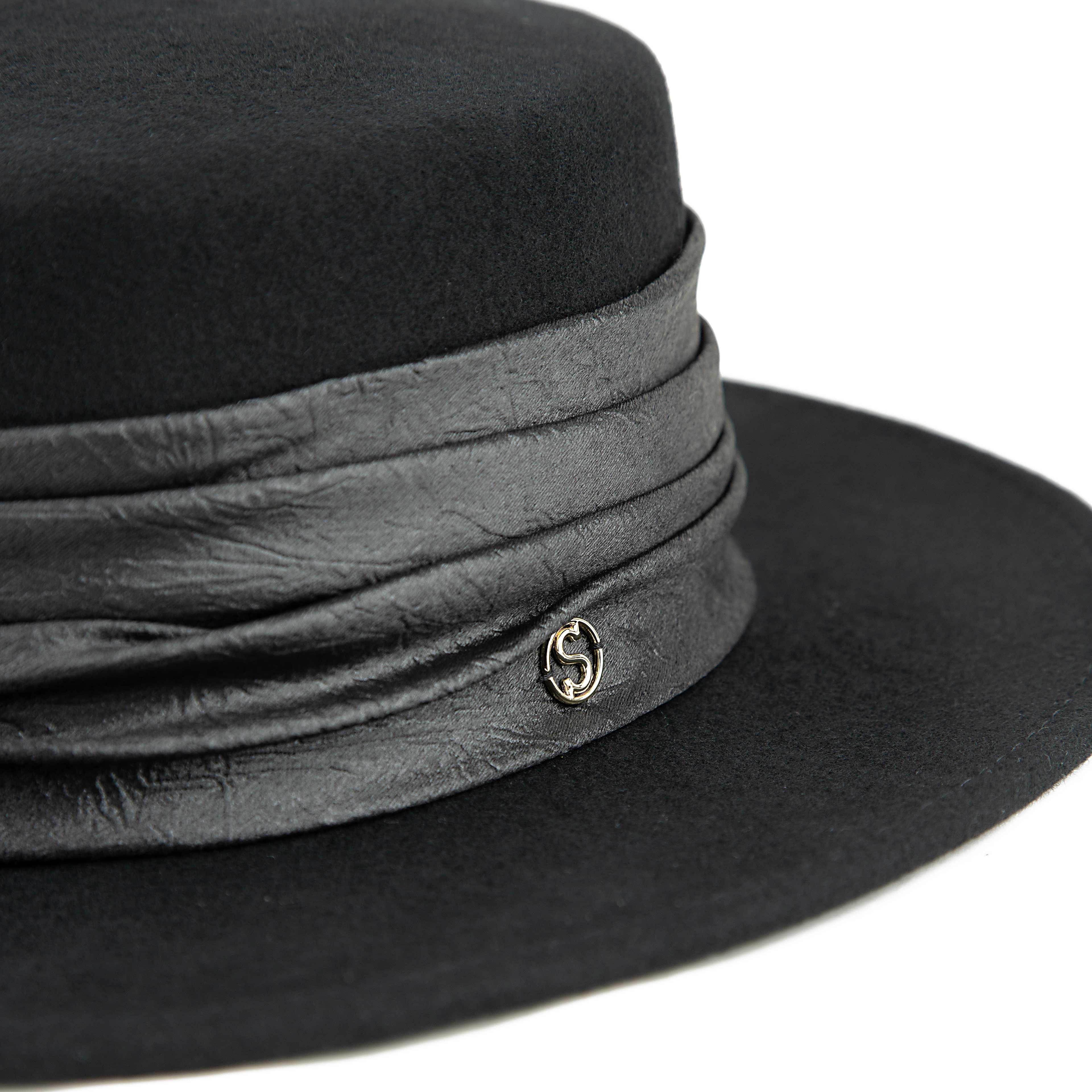 Black Wool Felt Bolero Hat with Ruched Leather Band & Gold