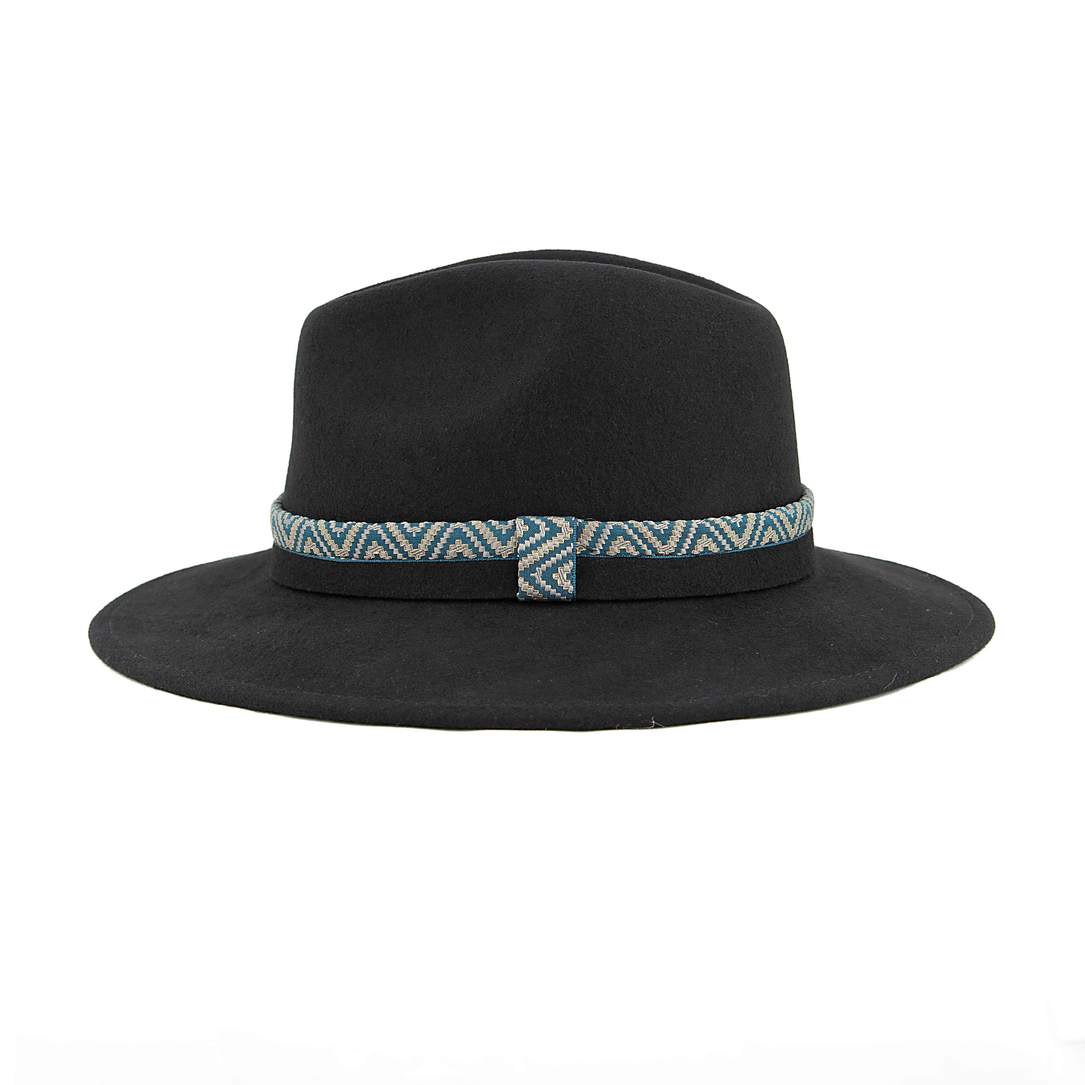 Black Wool Fedora Hat with Turquoise Aztec Woven Band