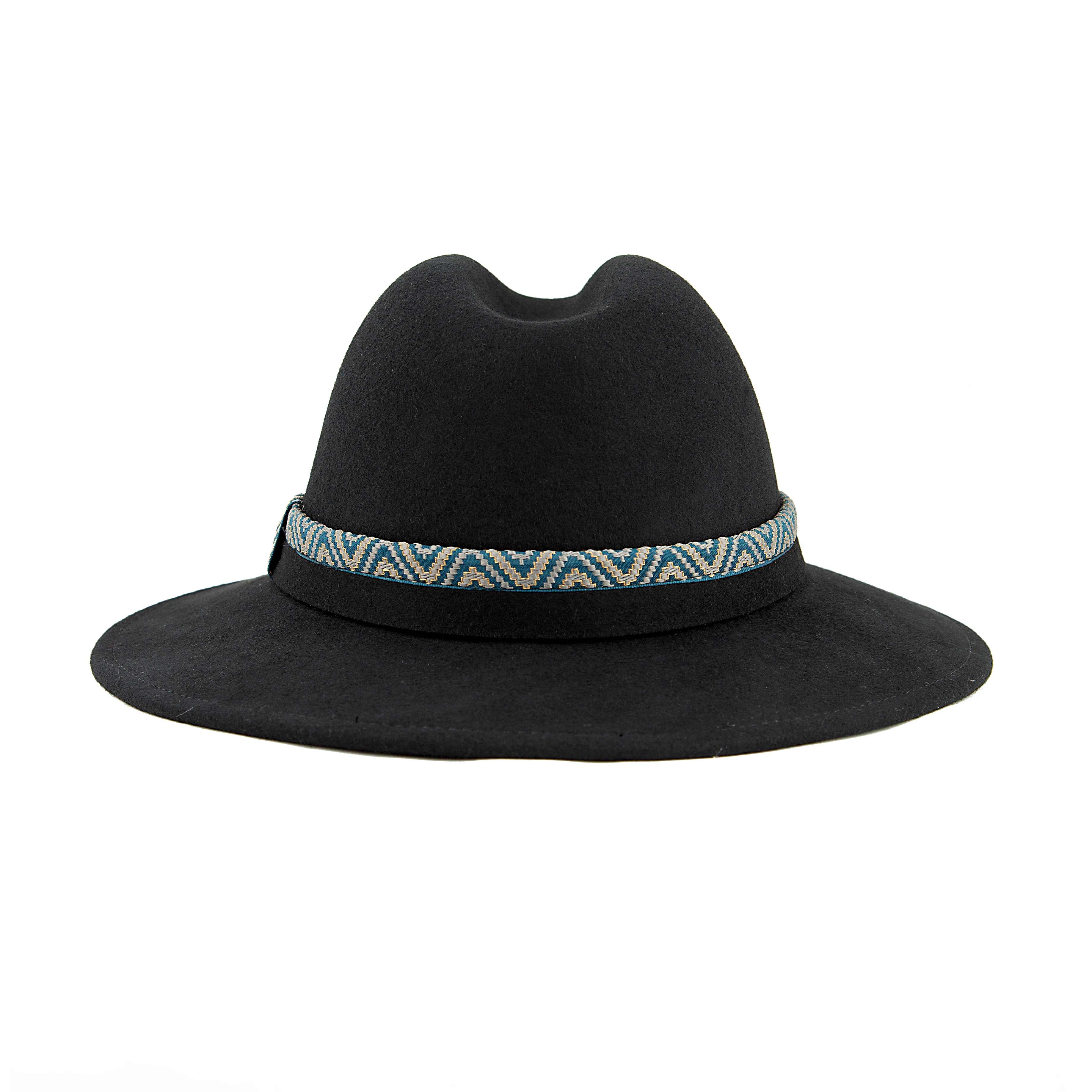 Black Wool Fedora Hat with Turquoise Aztec Woven Band