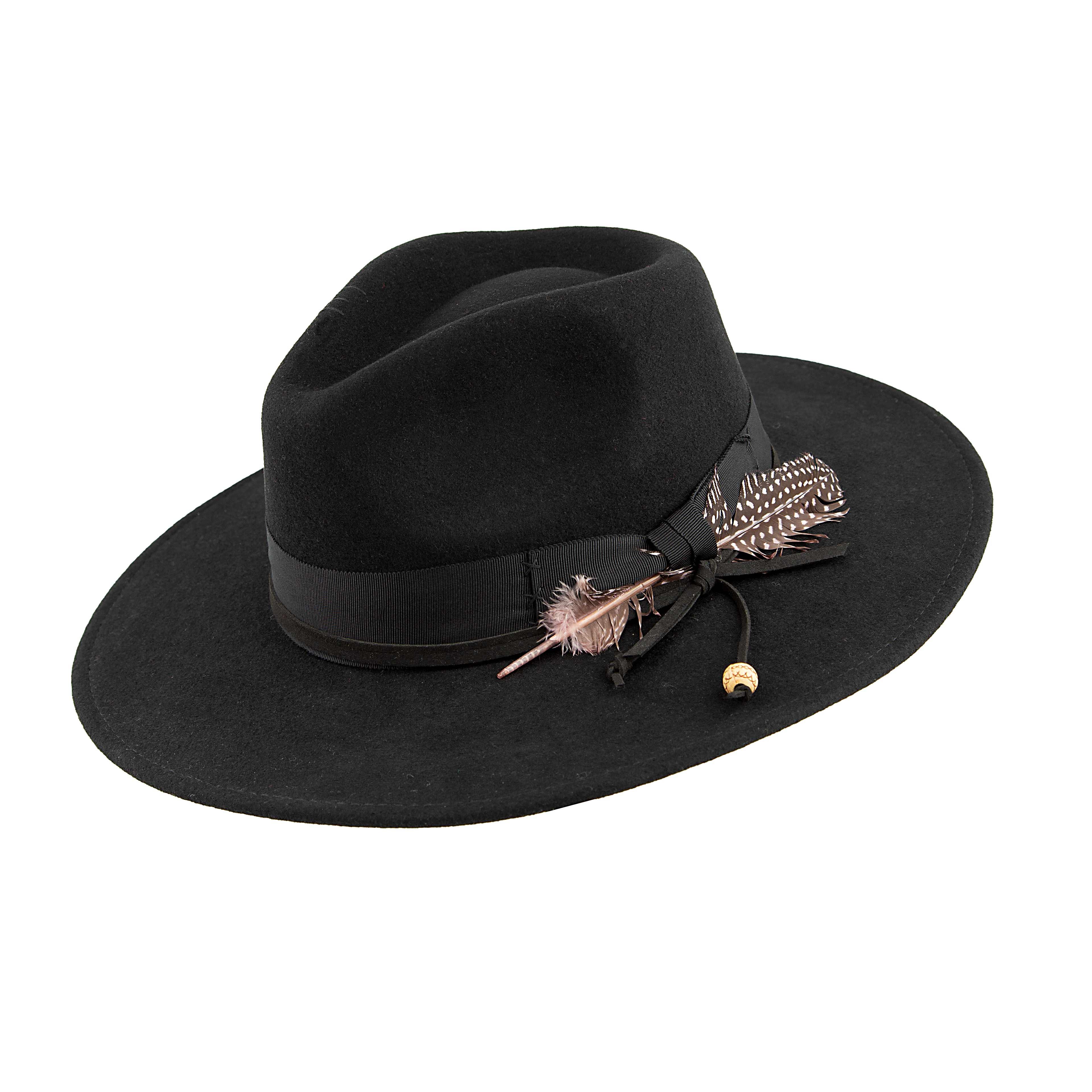 Black Wide Brim Wool Fedora Hat with Natural Feather Trim