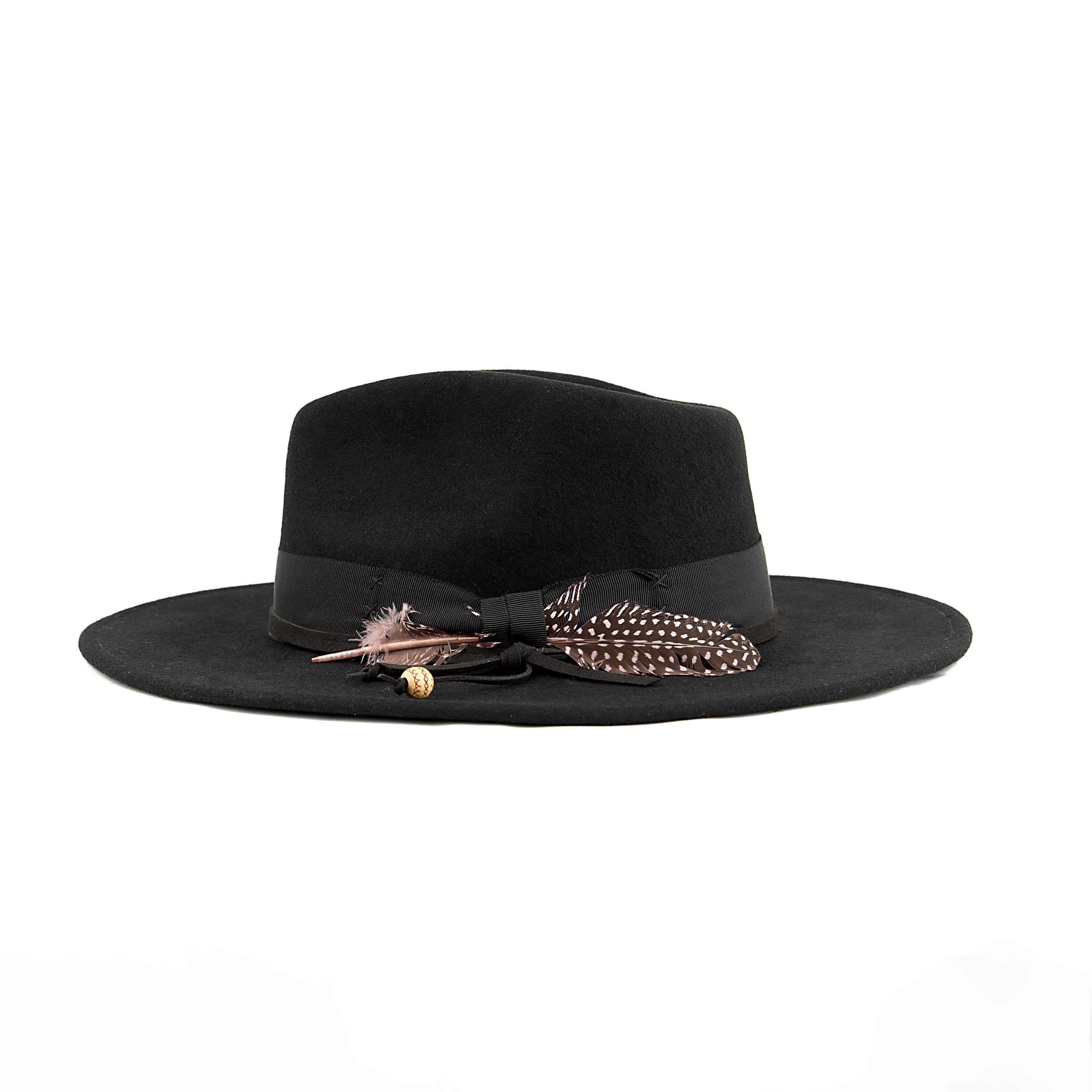 Black Wide Brim Wool Fedora Hat with Natural Feather Trim