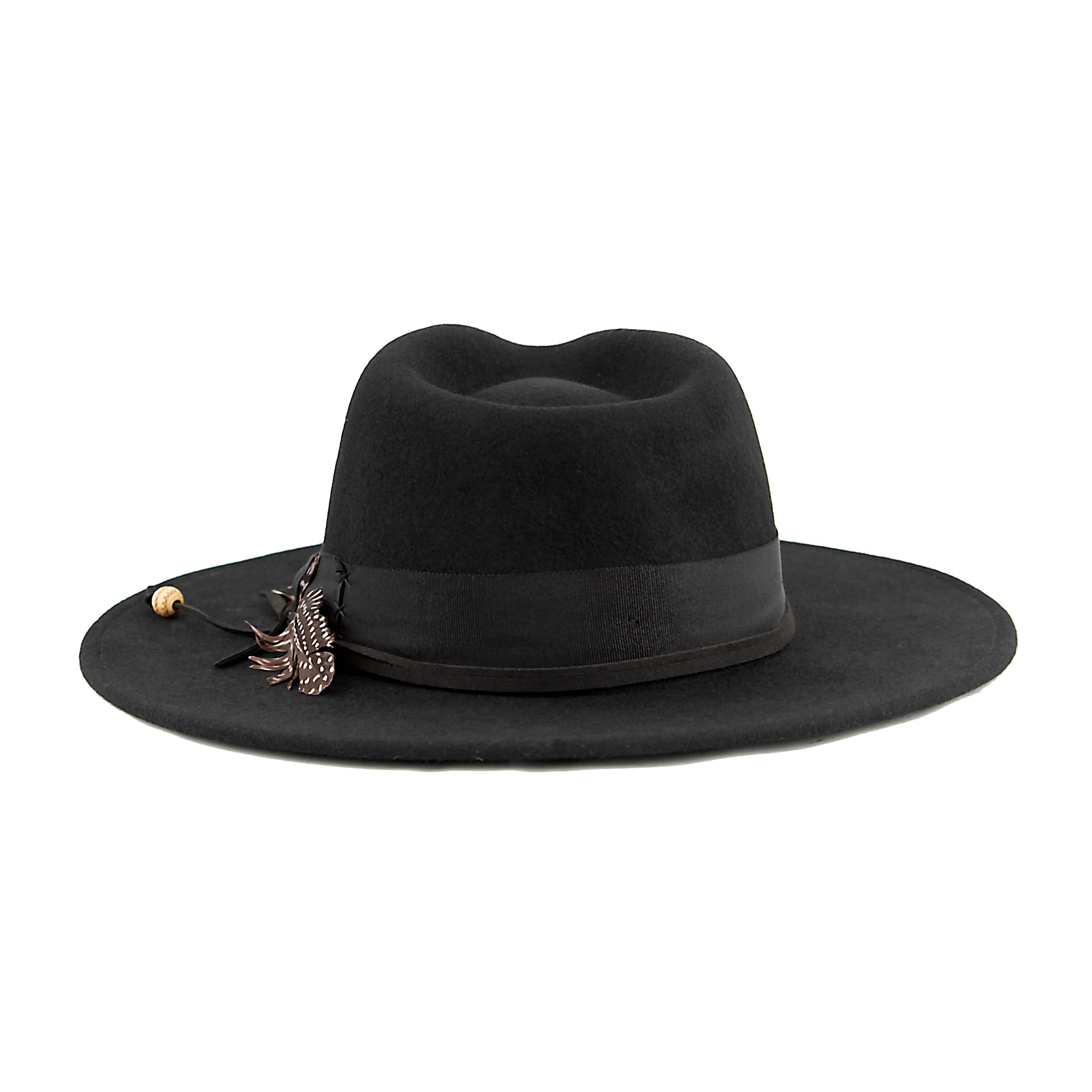 Black Wide Brim Wool Fedora Hat with Natural Feather Trim