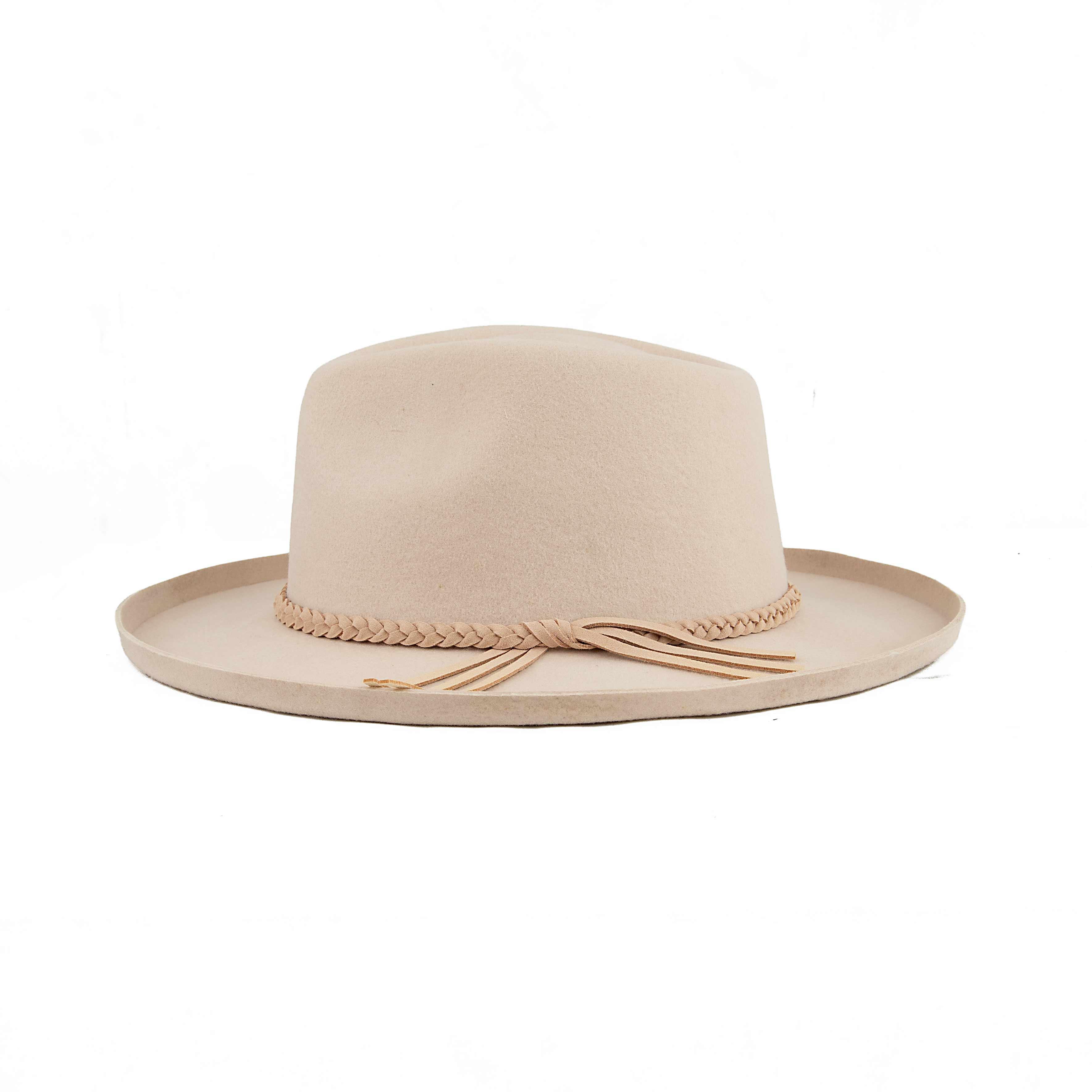 Cream Wool Fedora Hat with Braided Leather Band - Wide Brim