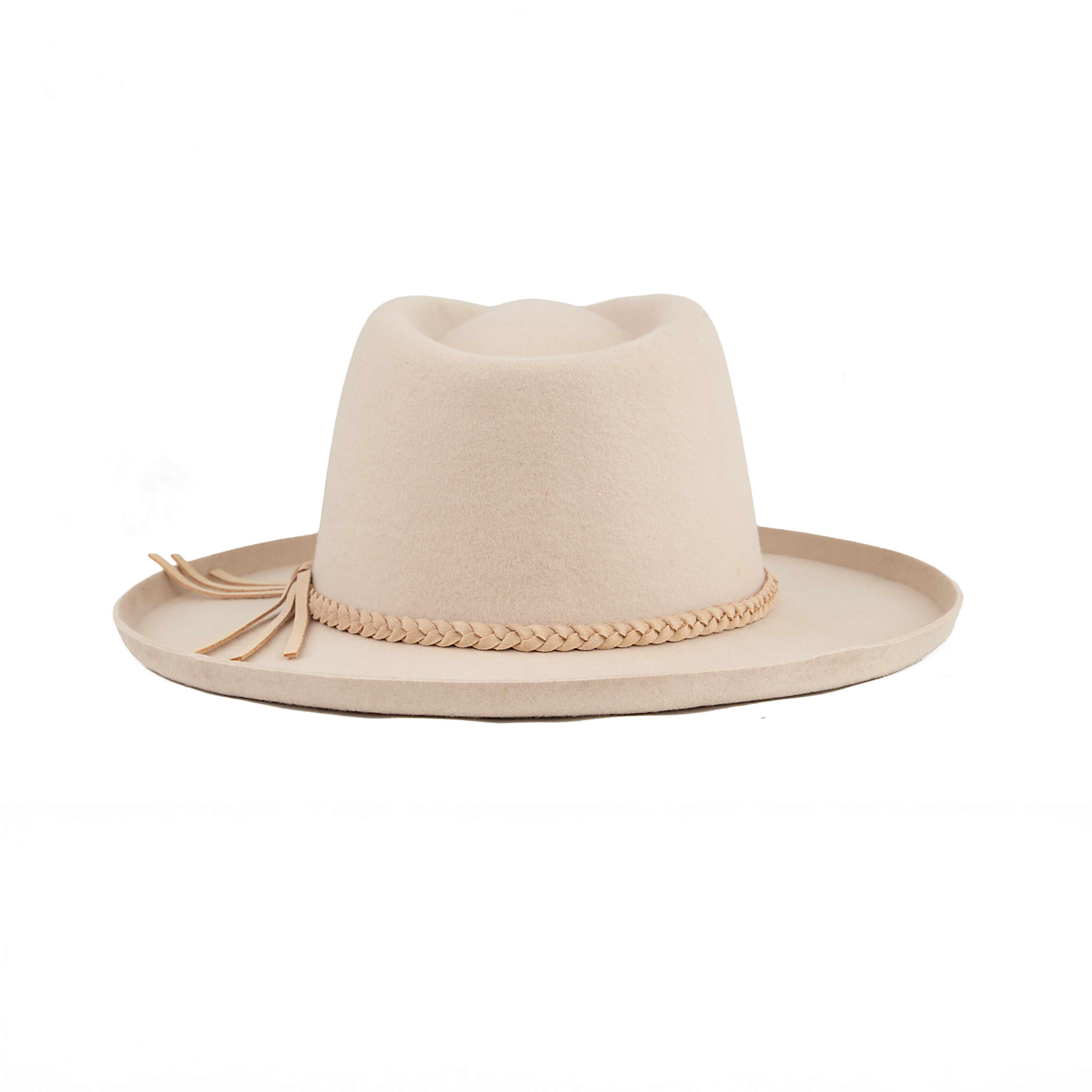 Cream Wool Fedora Hat with Braided Leather Band - Wide Brim