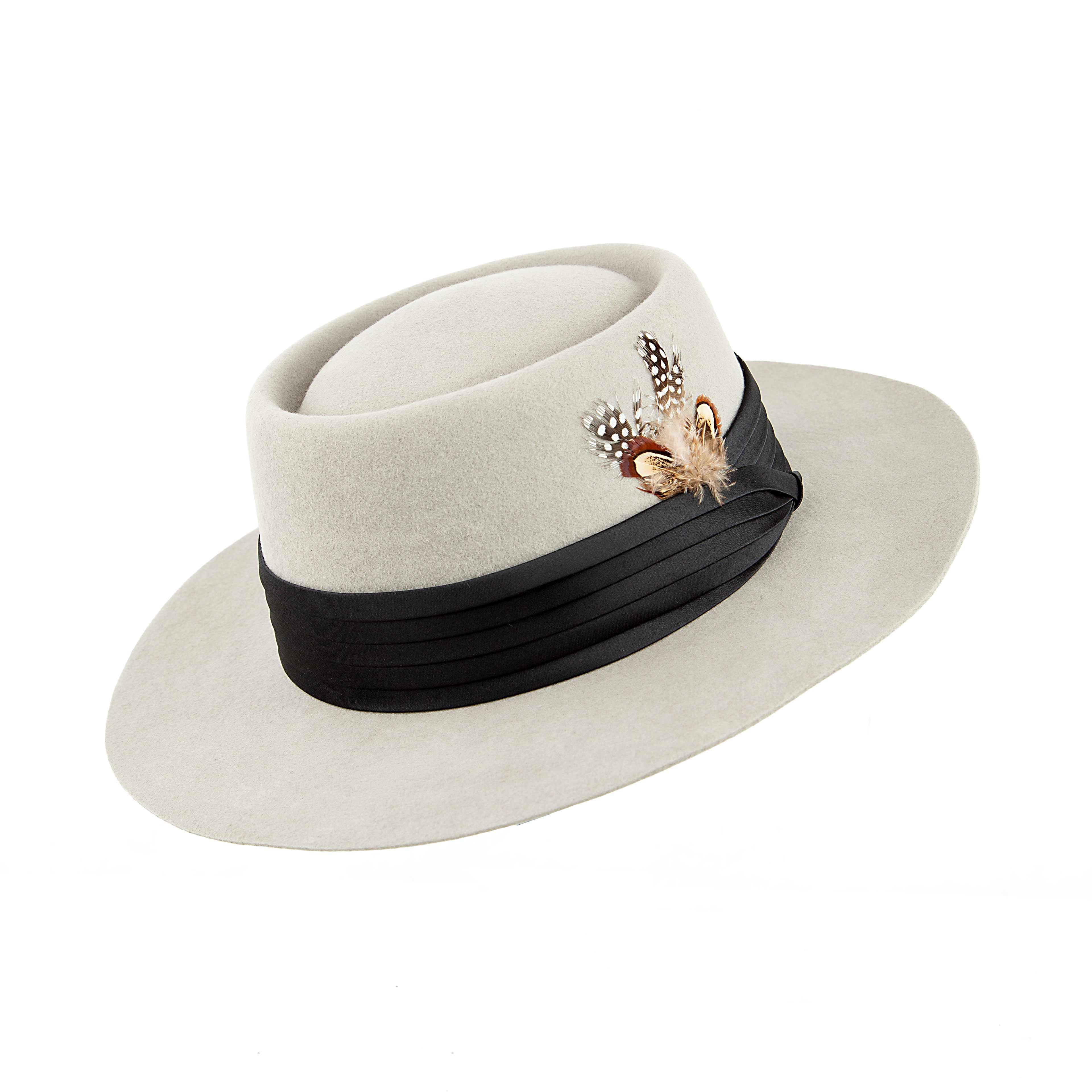Stone Grey Feathered Pork Pie Hat | Wide Brim Boater