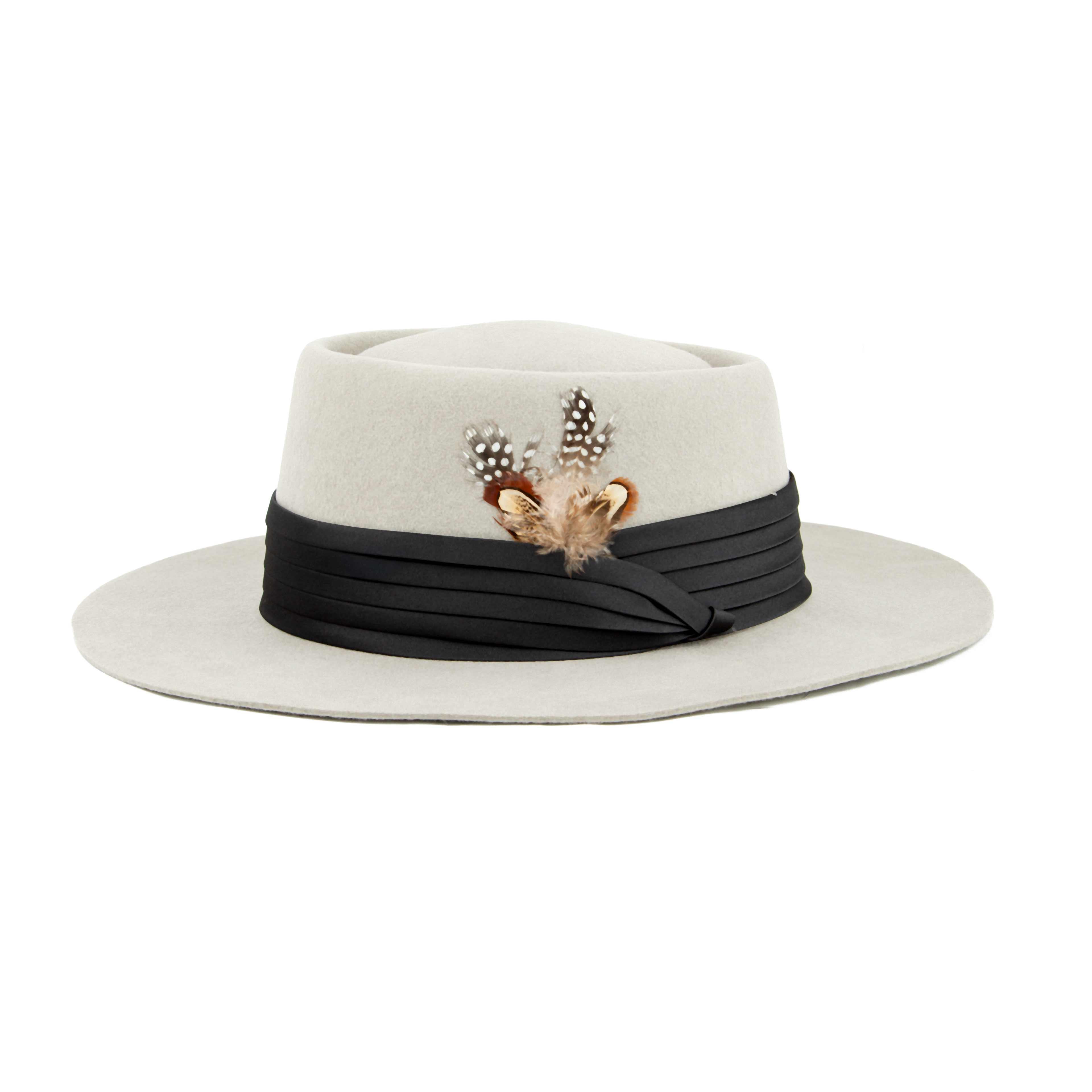 Stone Grey Feathered Pork Pie Hat | Wide Brim Boater
