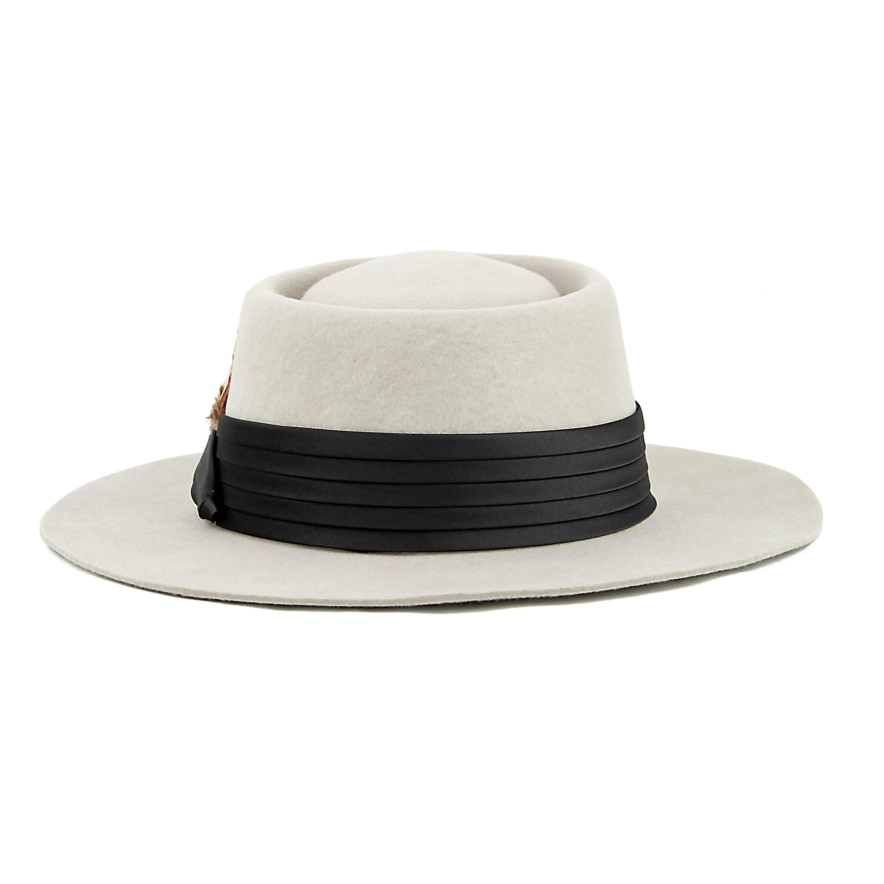 Stone Grey Feathered Pork Pie Hat | Wide Brim Boater