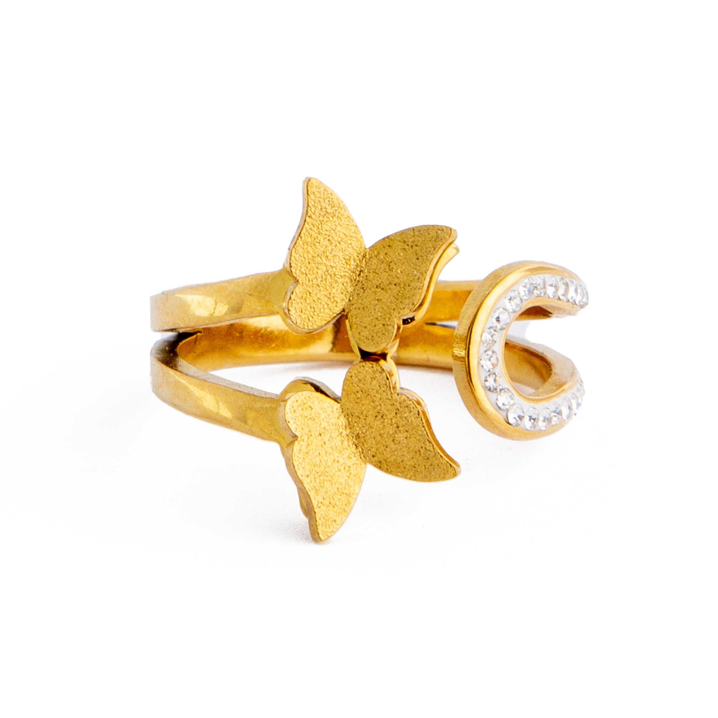 Butterfly & Crystal Open Wrap Ring. Gold ring with butterfly and crystal details. Adjustable, statement jewelry.