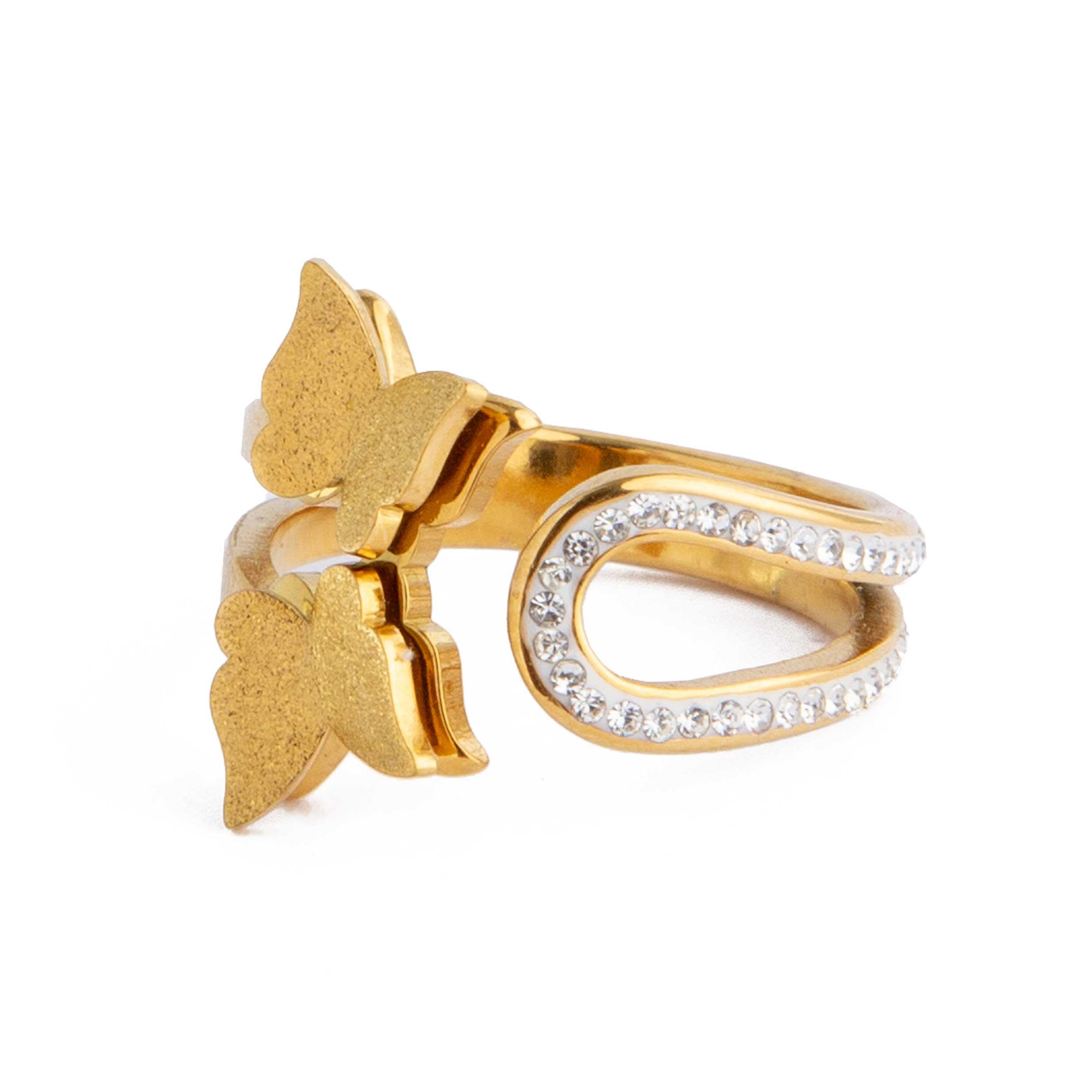 Butterfly & Crystal Open Wrap Ring. Gold ring with butterfly and crystal details. Adjustable, statement jewelry.