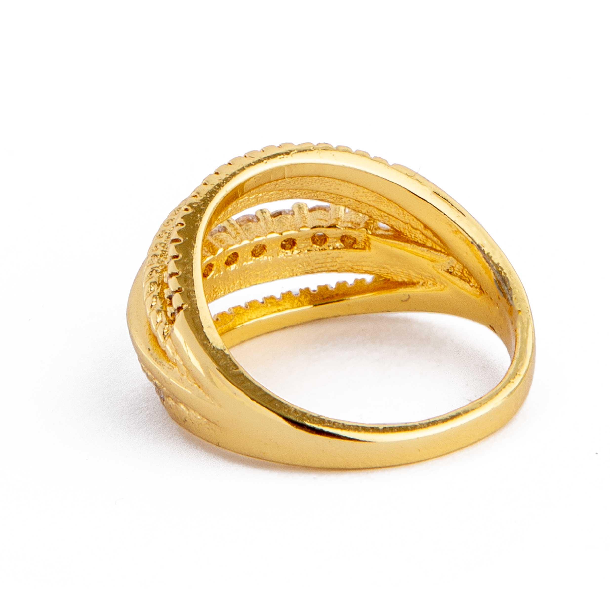 Golden Crystal Intertwined Band Ring. Gold ring with crystal-studded bands. Layered, statement jewelry.