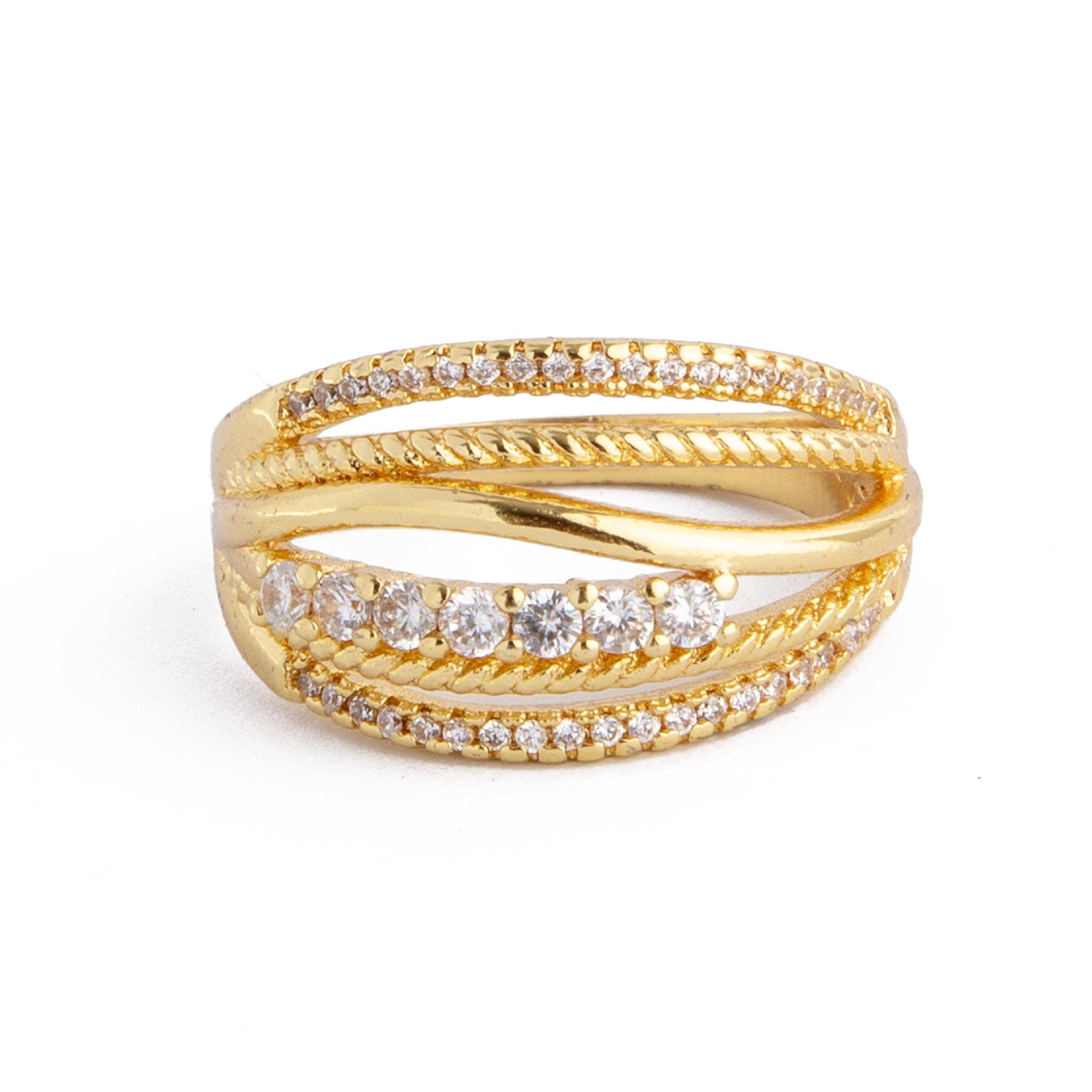 Golden Crystal Intertwined Band Ring. Gold ring with crystal-studded bands. Layered, statement jewelry.